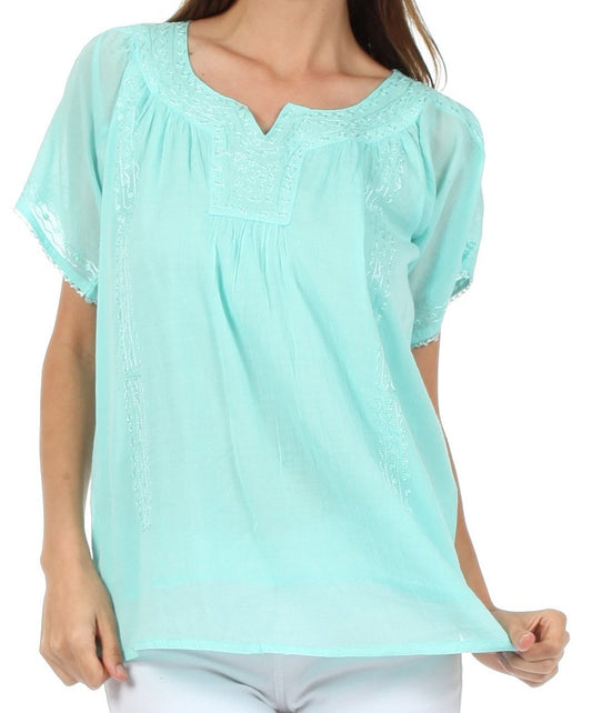 Sakkas Embroidered 100% Cotton Semi-Sheer Short Sleeve Gauzy Top / Blouse - Concordia Style Boutique