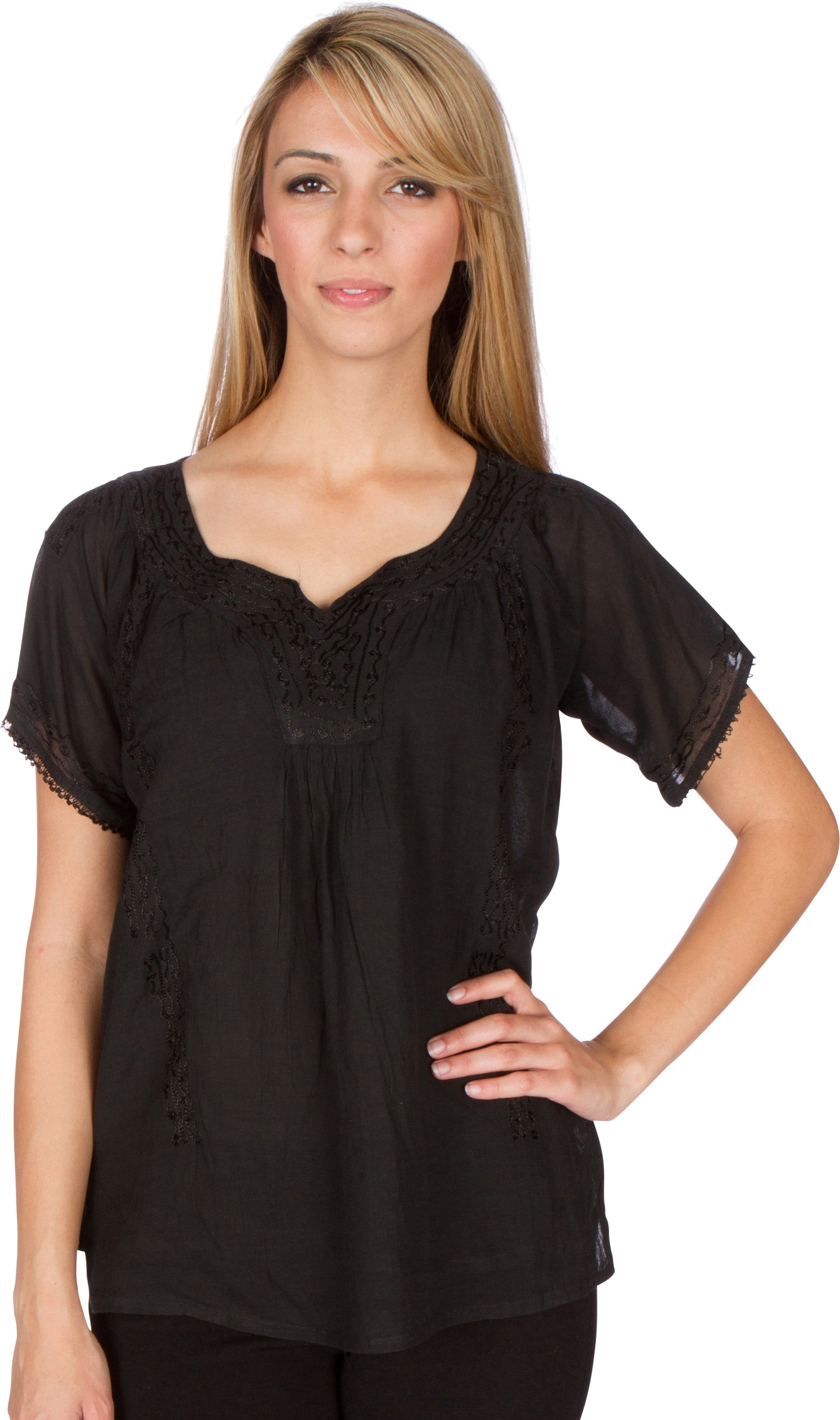 Sakkas Embroidered 100% Cotton Semi-Sheer Short Sleeve Gauzy Top / Blouse - Concordia Style Boutique
