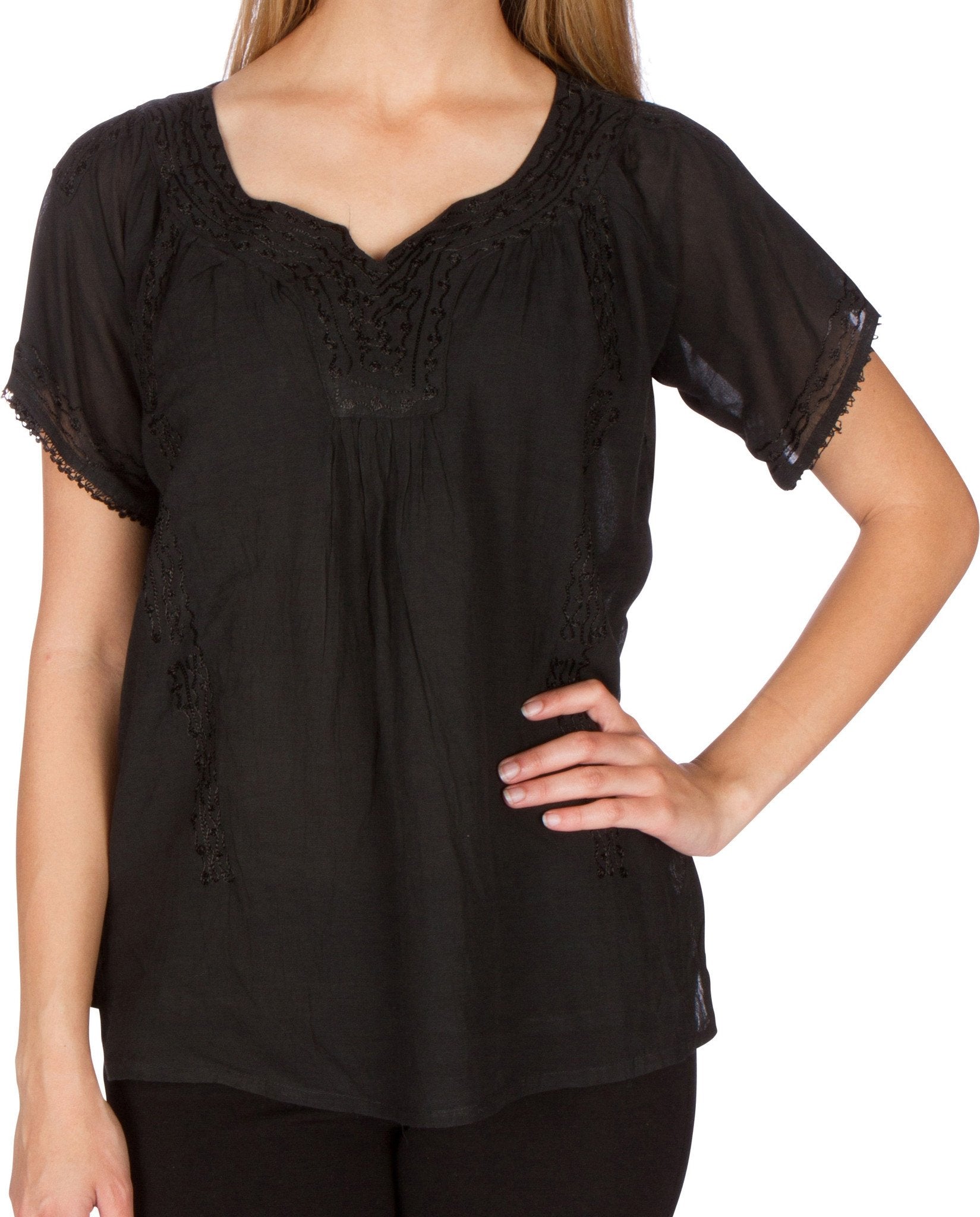 Sakkas Embroidered 100% Cotton Semi-Sheer Short Sleeve Gauzy Top / Blouse - Concordia Style Boutique