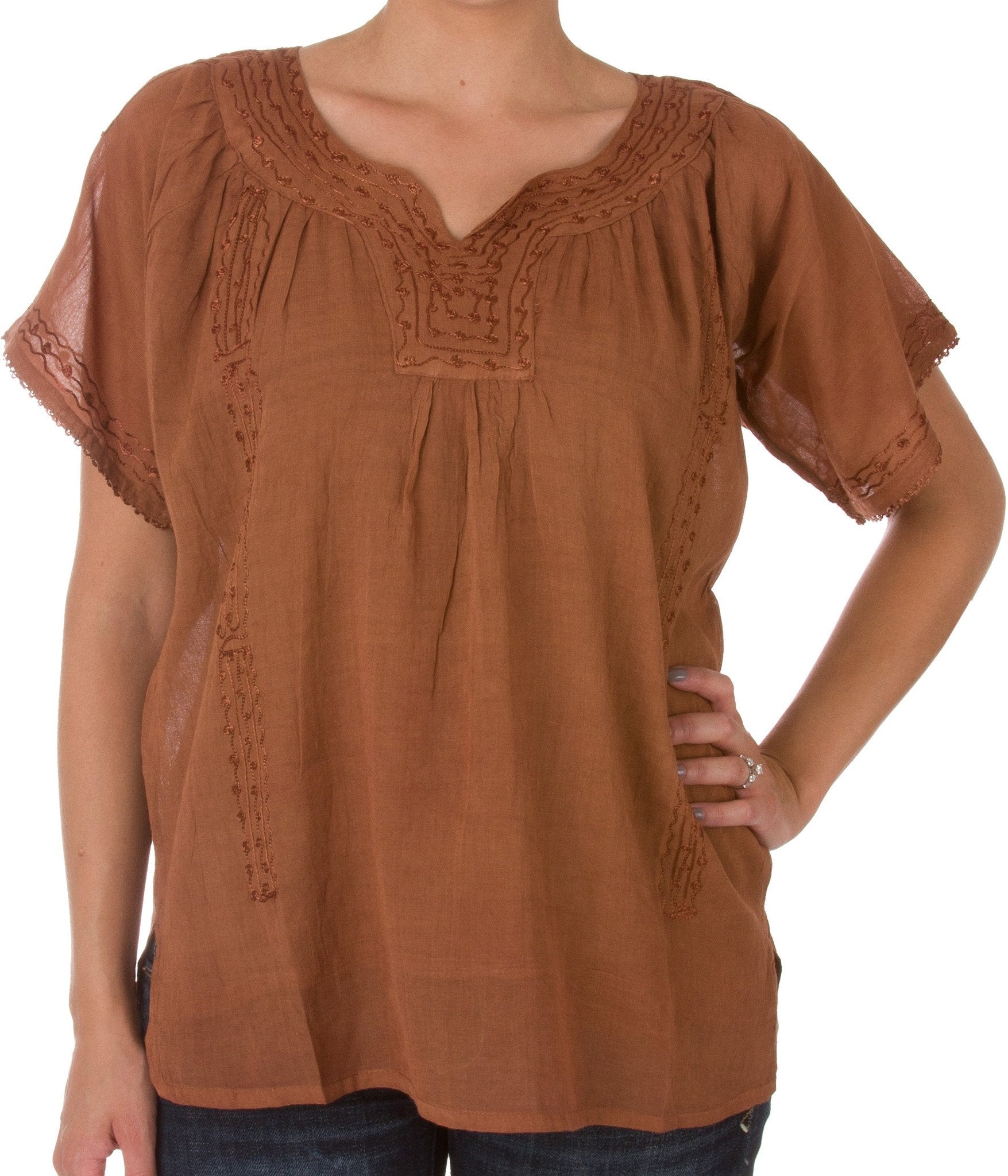 Sakkas Embroidered 100% Cotton Semi-Sheer Short Sleeve Gauzy Top / Blouse - Concordia Style Boutique
