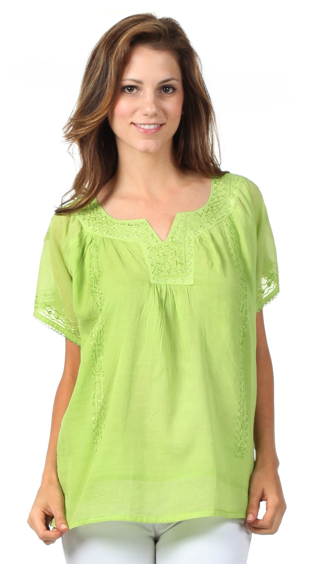 Sakkas Embroidered 100% Cotton Semi-Sheer Short Sleeve Gauzy Top / Blouse - Concordia Style Boutique