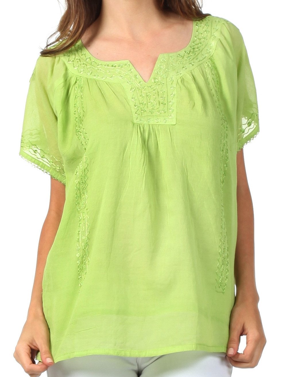 Sakkas Embroidered 100% Cotton Semi-Sheer Short Sleeve Gauzy Top / Blouse - Concordia Style Boutique