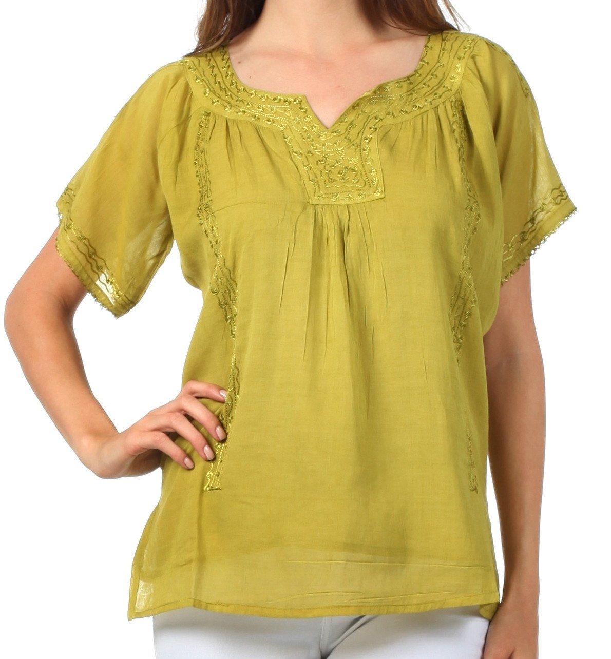 Sakkas Embroidered 100% Cotton Semi-Sheer Short Sleeve Gauzy Top / Blouse - Concordia Style Boutique