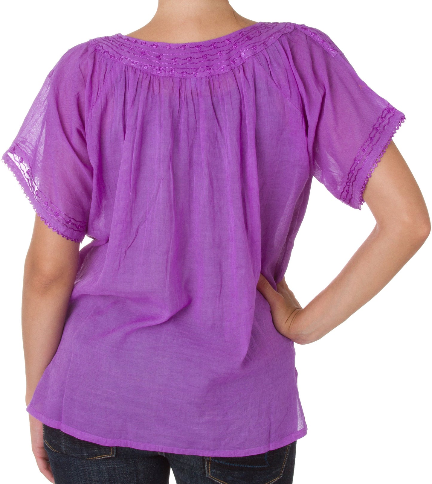 Sakkas Embroidered 100% Cotton Semi-Sheer Short Sleeve Gauzy Top / Blouse - Concordia Style Boutique