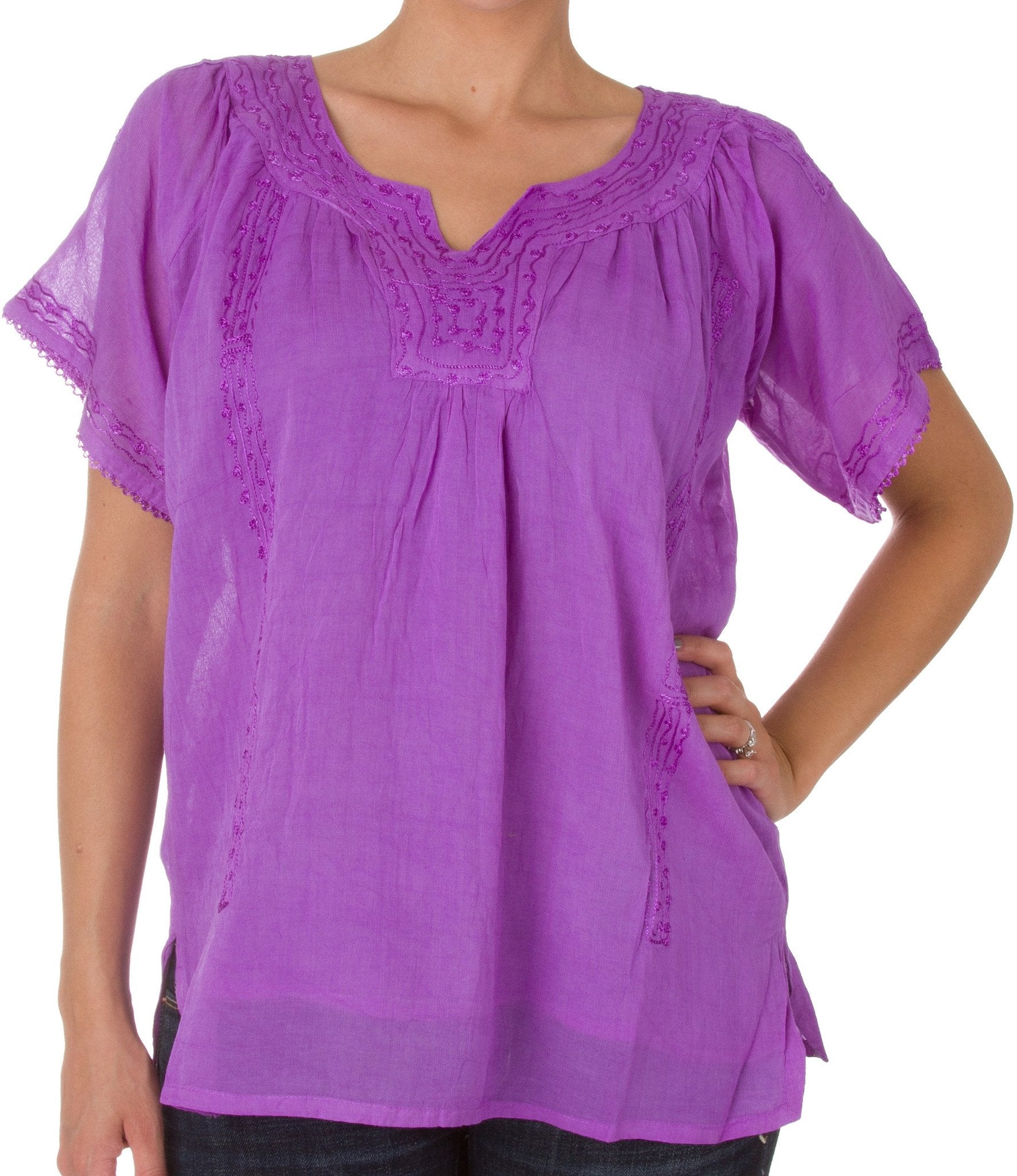 Sakkas Embroidered 100% Cotton Semi-Sheer Short Sleeve Gauzy Top / Blouse - Concordia Style Boutique
