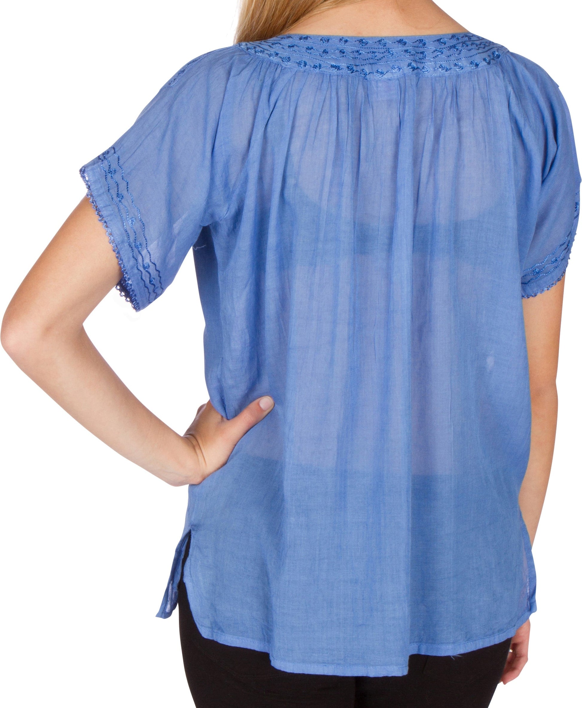 Sakkas Embroidered 100% Cotton Semi-Sheer Short Sleeve Gauzy Top / Blouse - Concordia Style Boutique