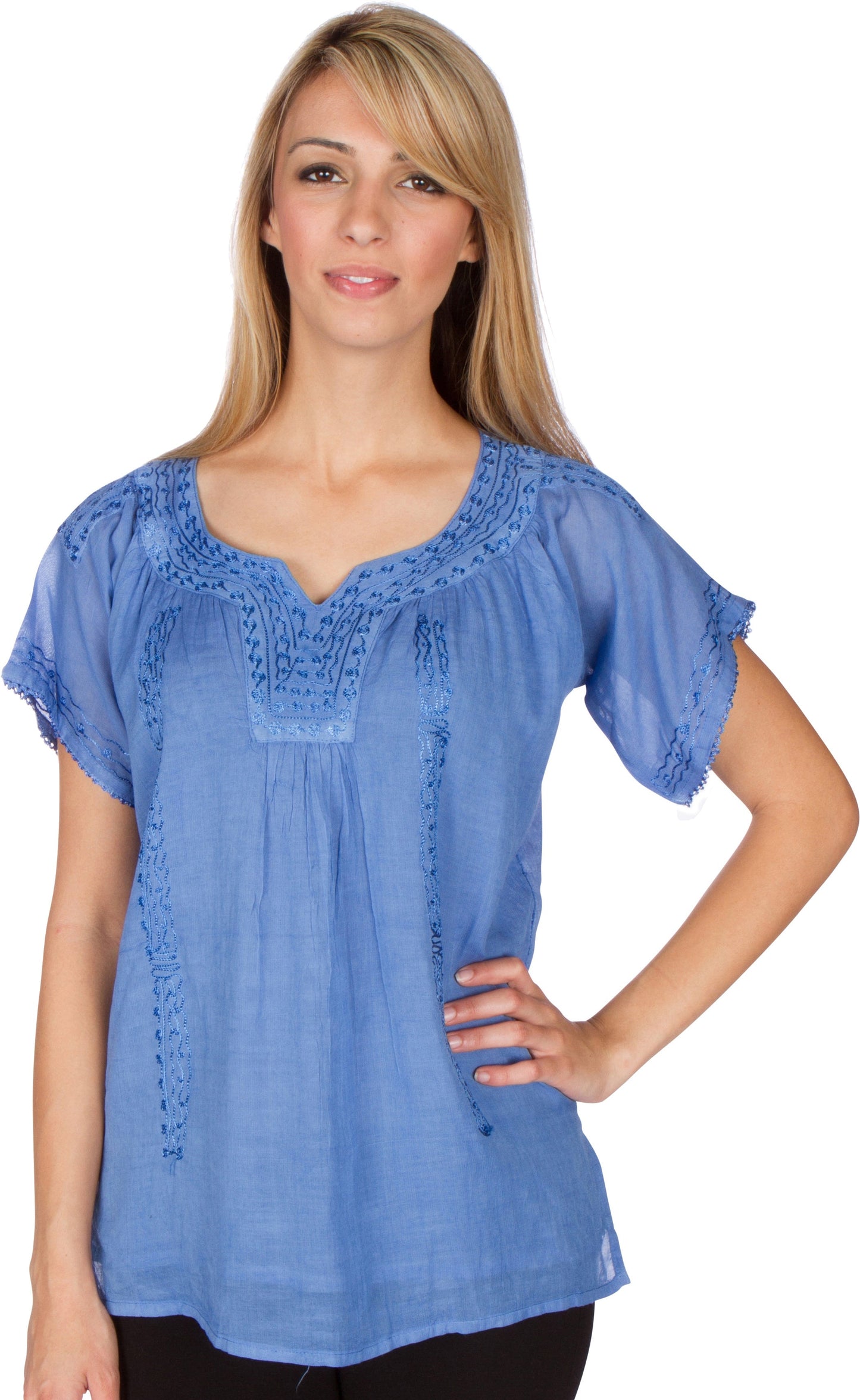 Sakkas Embroidered 100% Cotton Semi-Sheer Short Sleeve Gauzy Top / Blouse - Concordia Style Boutique