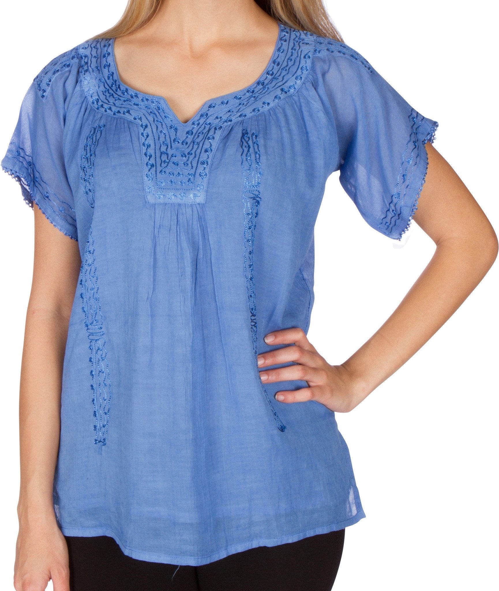 Sakkas Embroidered 100% Cotton Semi-Sheer Short Sleeve Gauzy Top / Blouse - Concordia Style Boutique