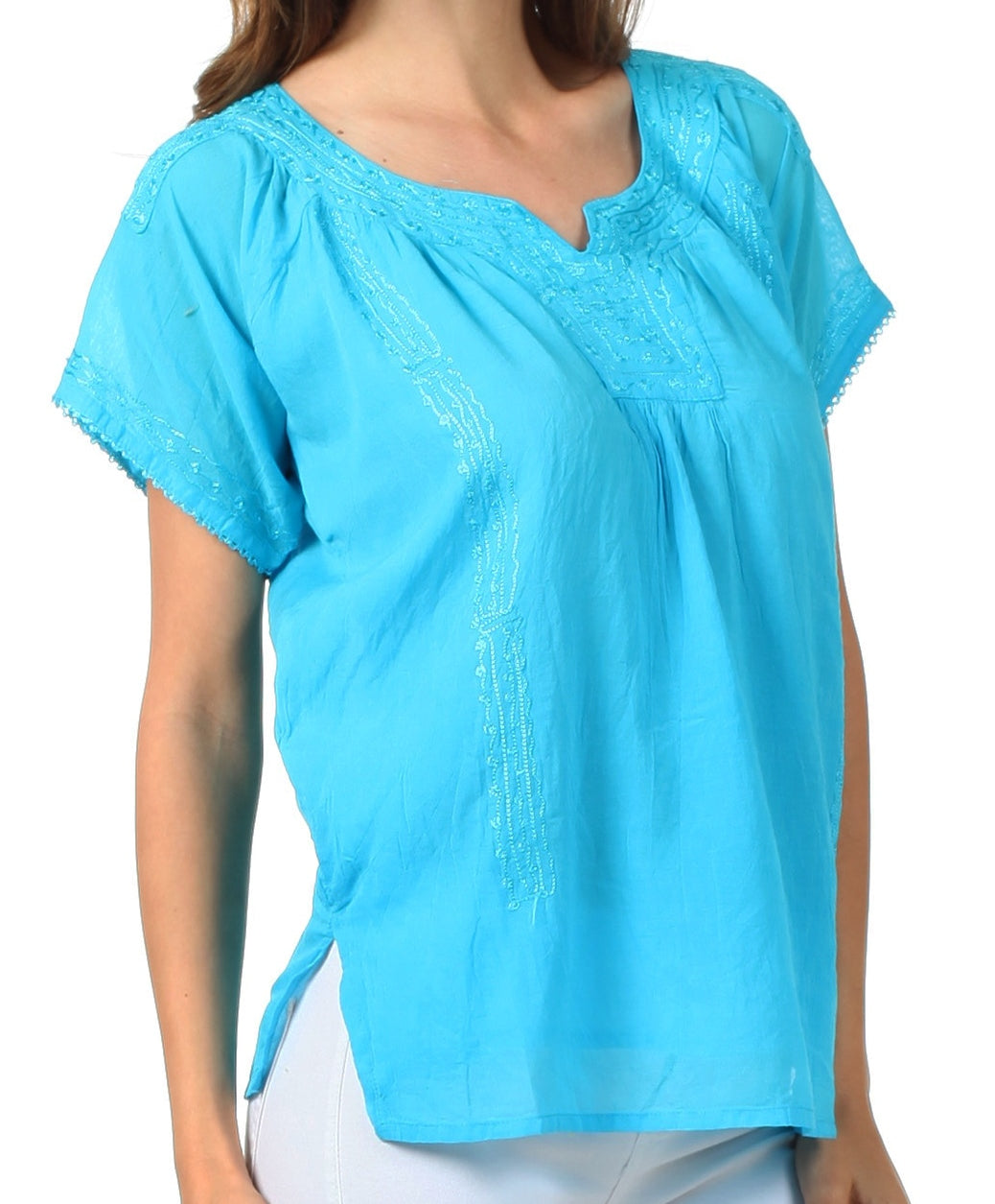 Sakkas Embroidered 100% Cotton Semi-Sheer Short Sleeve Gauzy Top / Blouse - Concordia Style Boutique