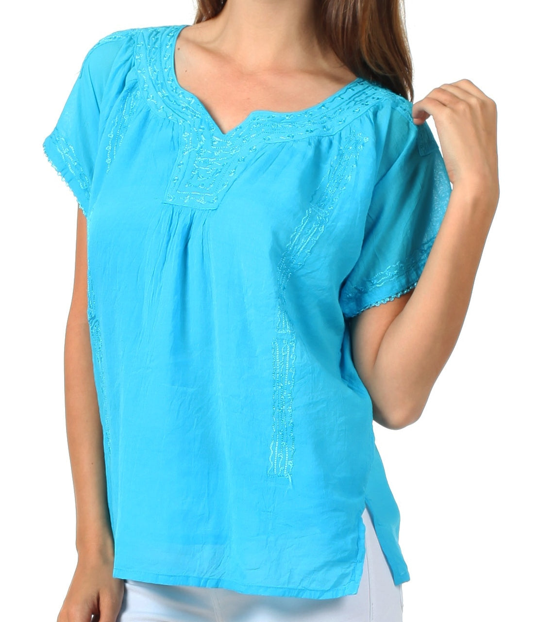 Sakkas Embroidered 100% Cotton Semi-Sheer Short Sleeve Gauzy Top / Blouse - Concordia Style Boutique