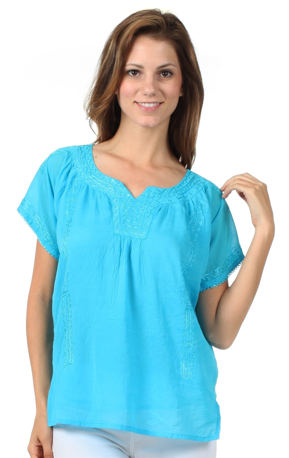 Sakkas Embroidered 100% Cotton Semi-Sheer Short Sleeve Gauzy Top / Blouse - Concordia Style Boutique