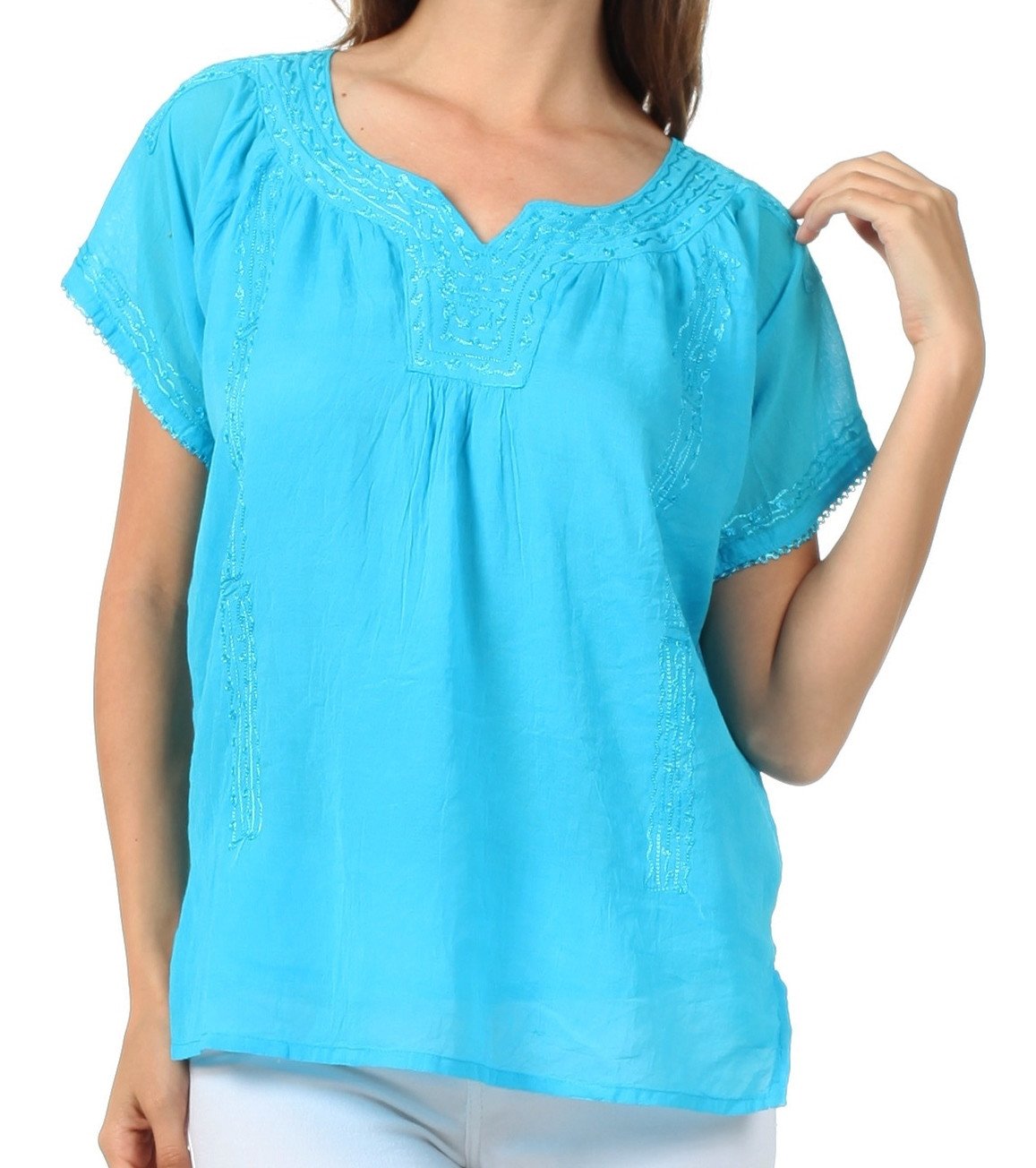 Sakkas Embroidered 100% Cotton Semi-Sheer Short Sleeve Gauzy Top / Blouse - Concordia Style Boutique
