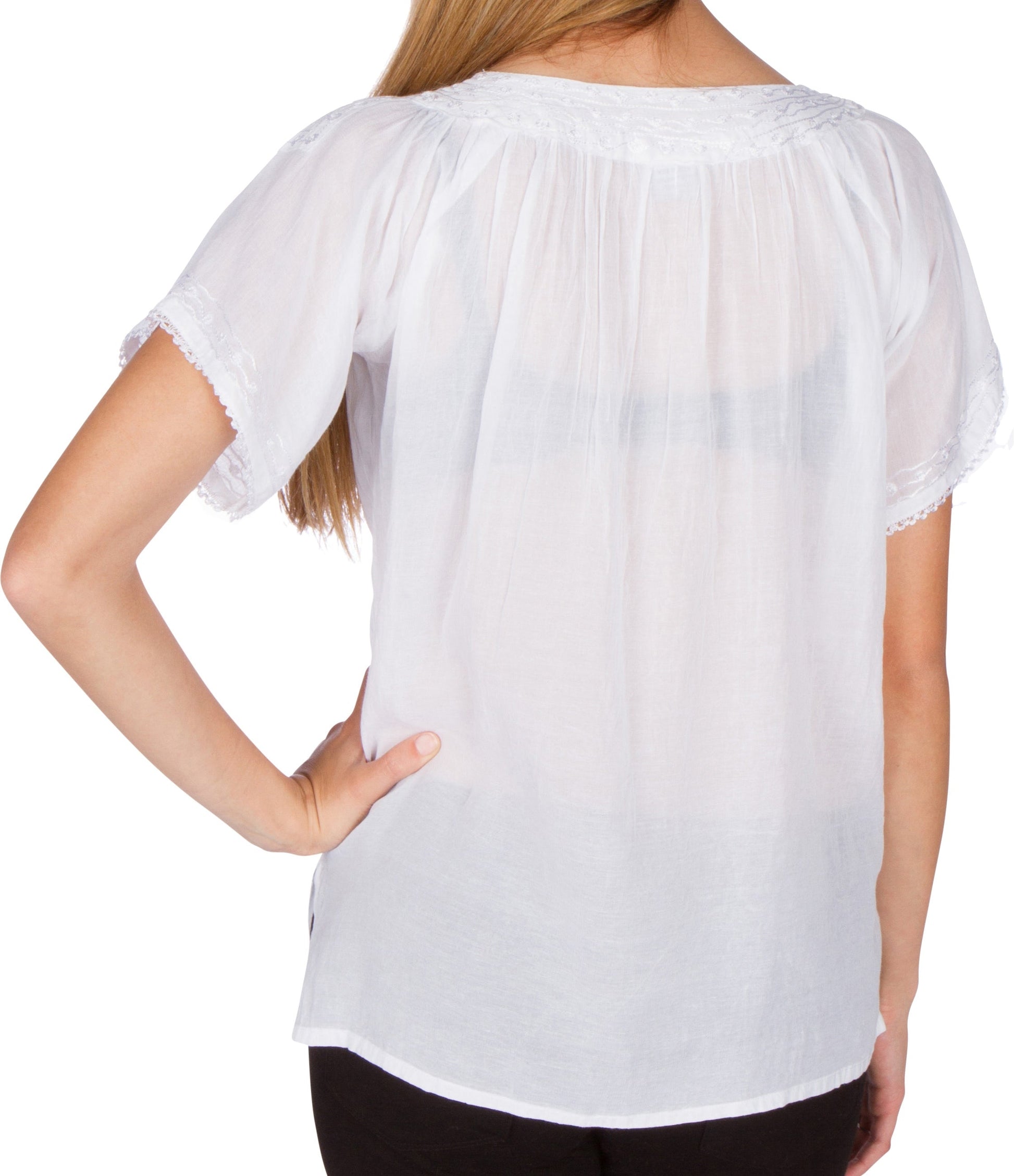 Sakkas Embroidered 100% Cotton Semi-Sheer Short Sleeve Gauzy Top / Blouse - Concordia Style Boutique