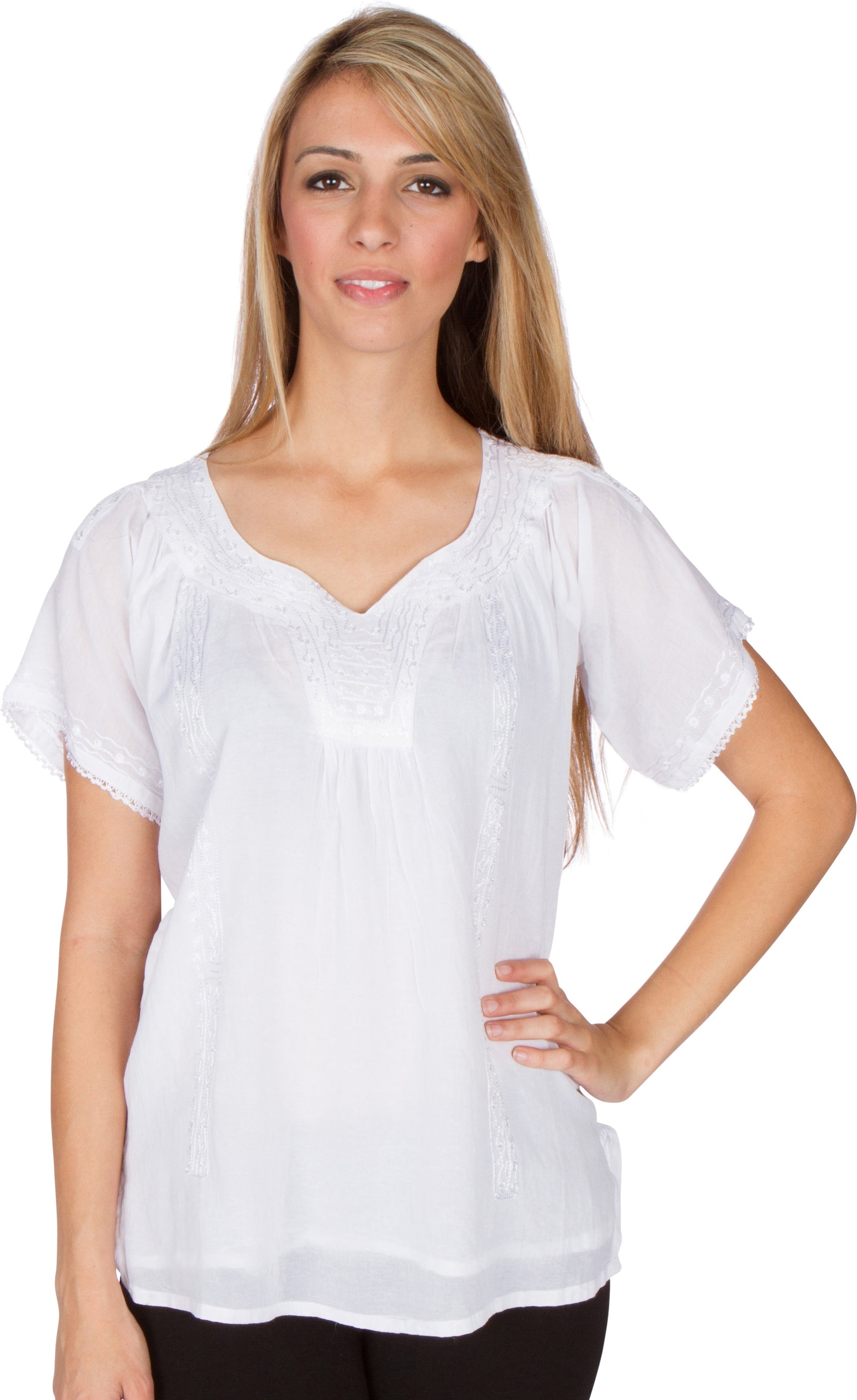 Sakkas Embroidered 100% Cotton Semi-Sheer Short Sleeve Gauzy Top / Blouse - Concordia Style Boutique