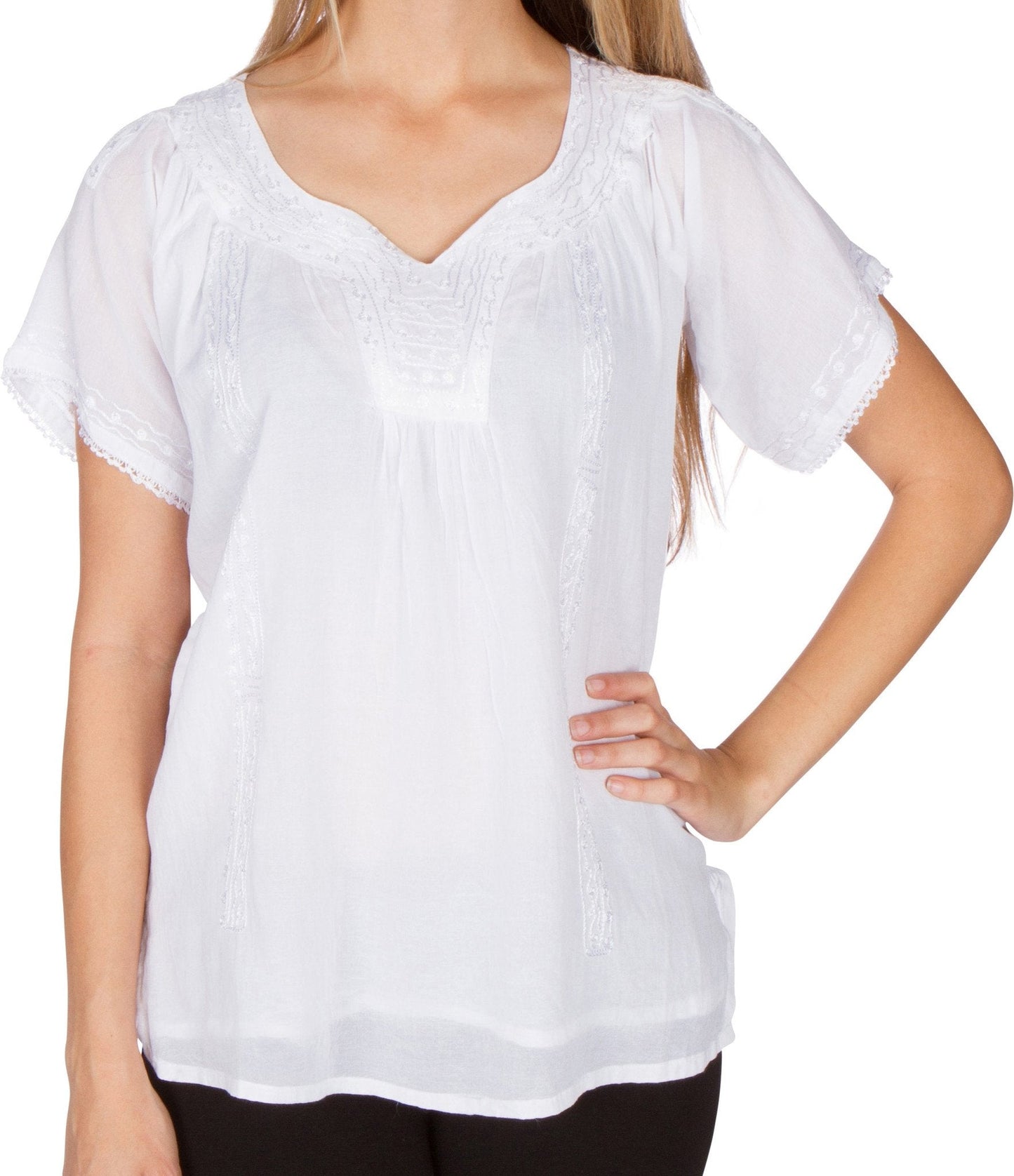 Sakkas Embroidered 100% Cotton Semi-Sheer Short Sleeve Gauzy Top / Blouse - Concordia Style Boutique