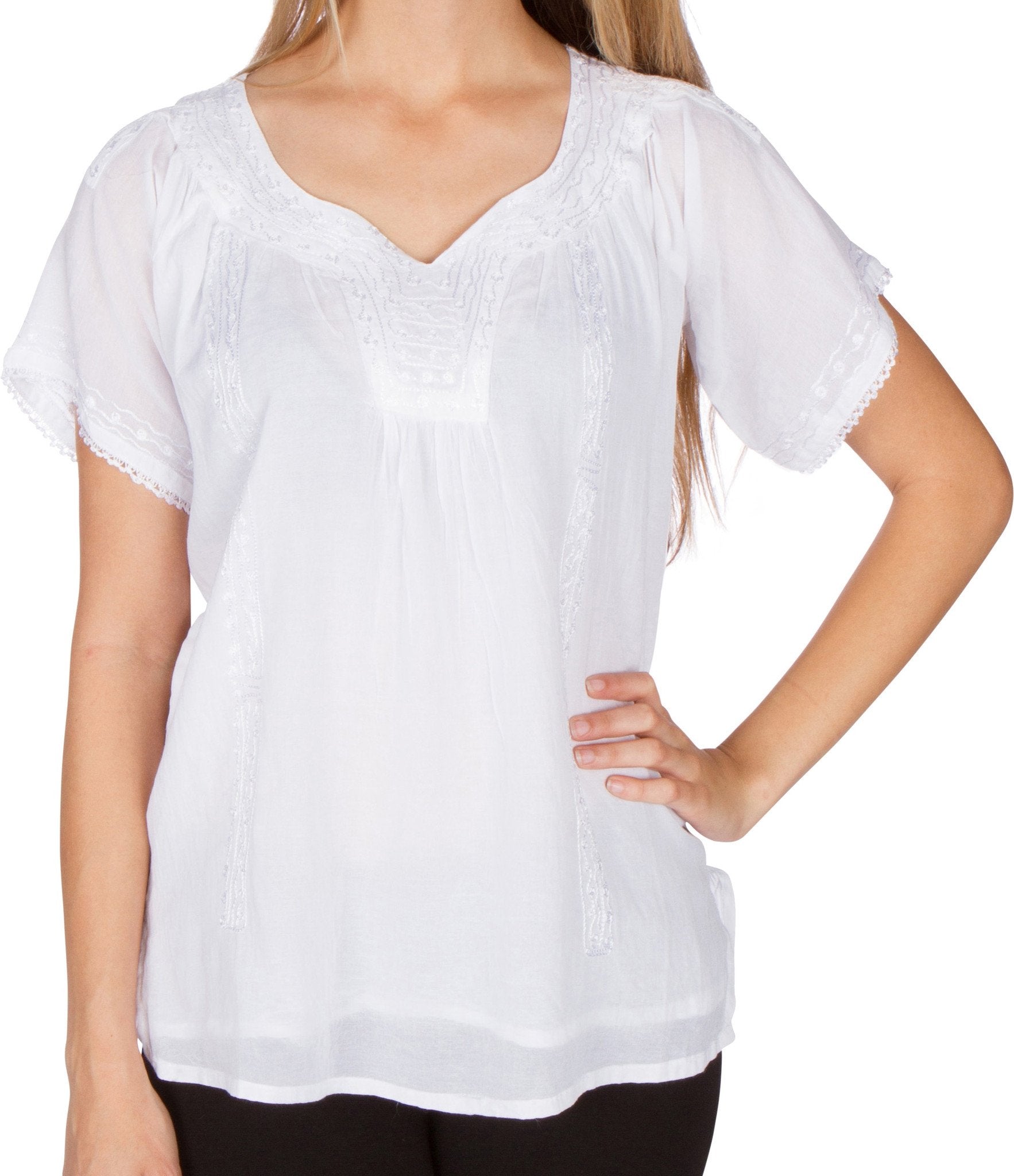 Sakkas Embroidered 100% Cotton Semi-Sheer Short Sleeve Gauzy Top / Blouse - Concordia Style Boutique