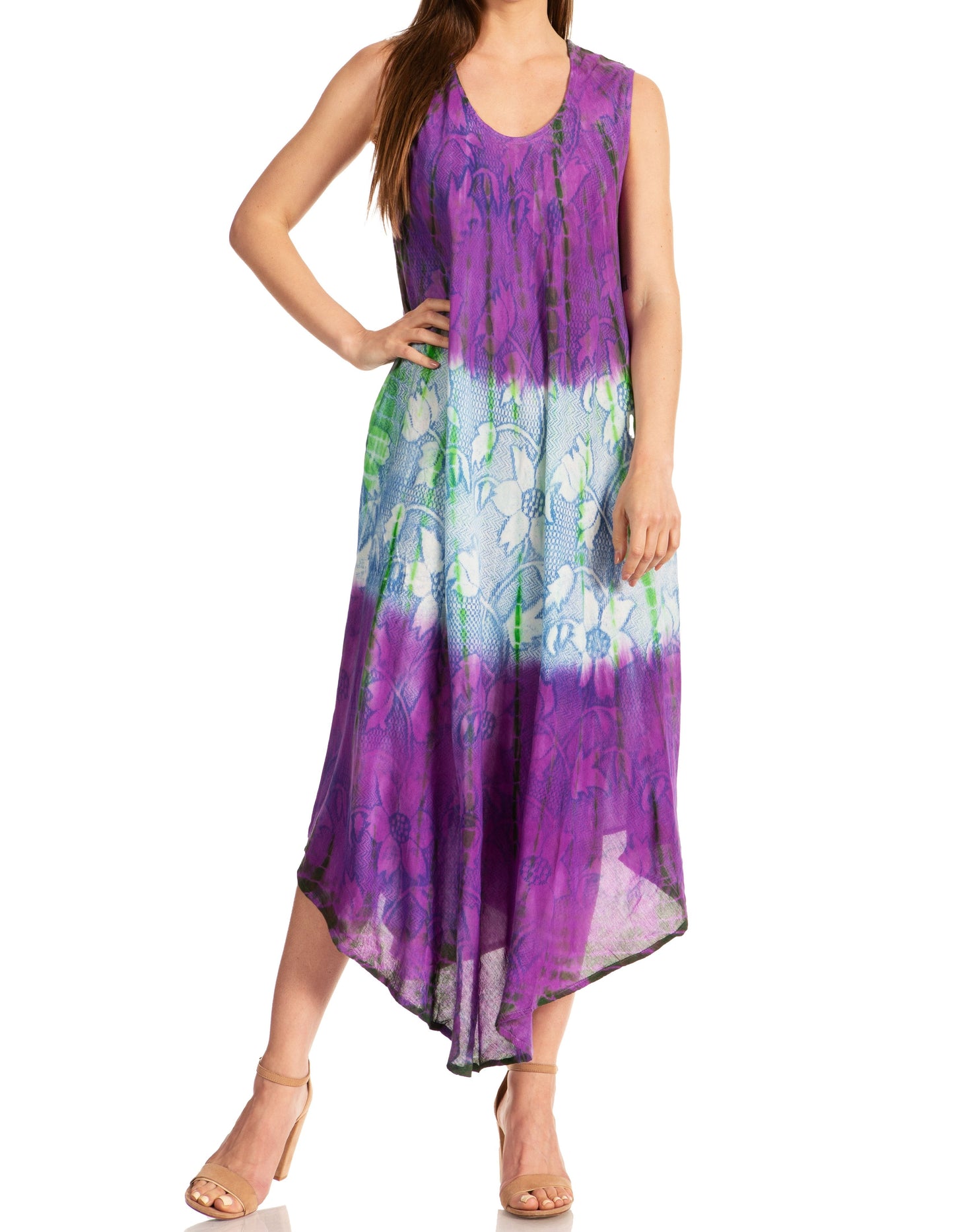 Sakkas Ombre Floral Tie Dye Tank Sheath Caftan Rayon Dress - Concordia Style Boutique