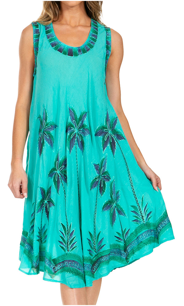 Sakkas Watercolor Palm Tree Tank Caftan Short Dress - Concordia Style Boutique
