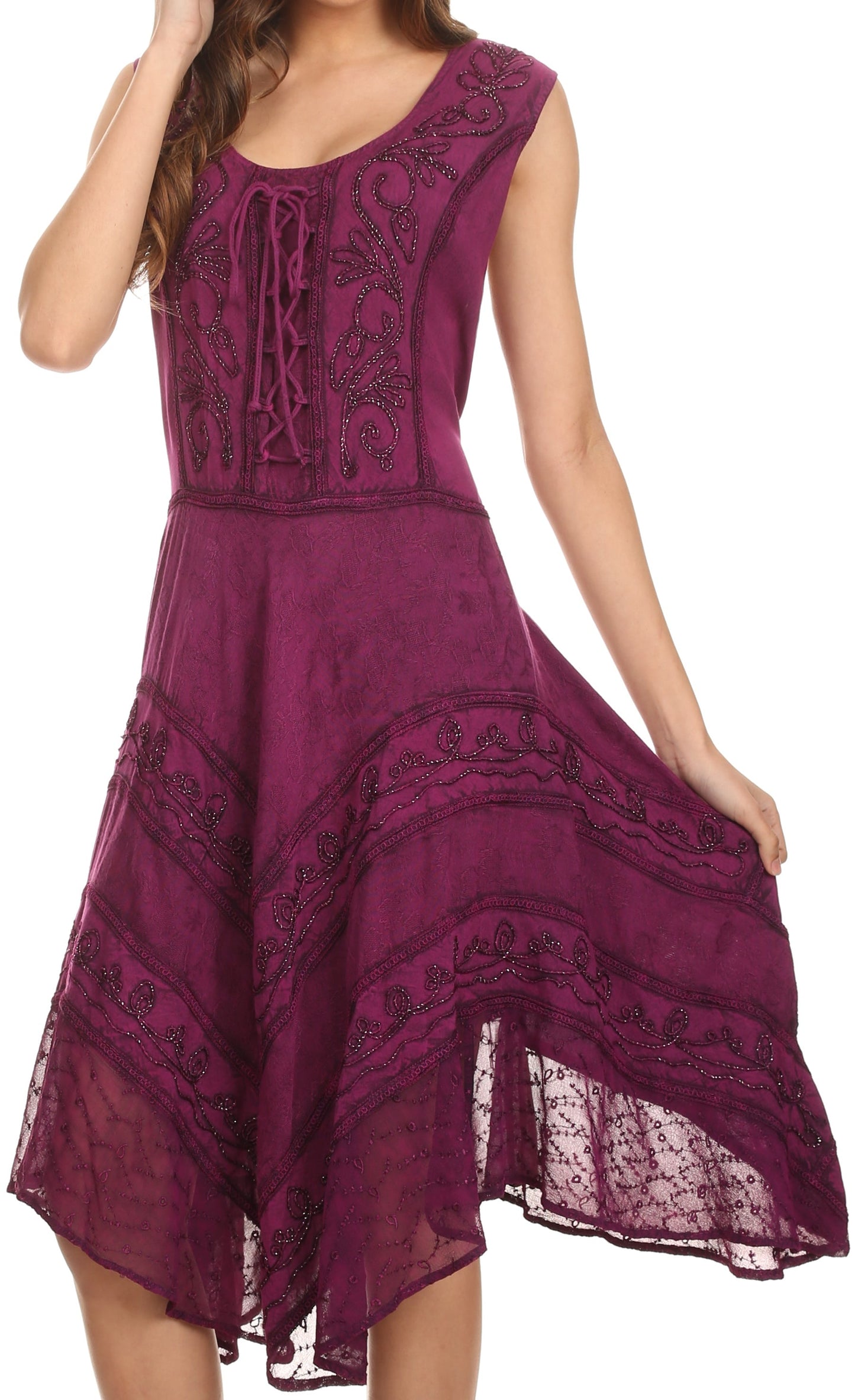 Sakkas Sundara Stonewashed Rayon Embroidered Mid Length Dress - Concordia Style Boutique