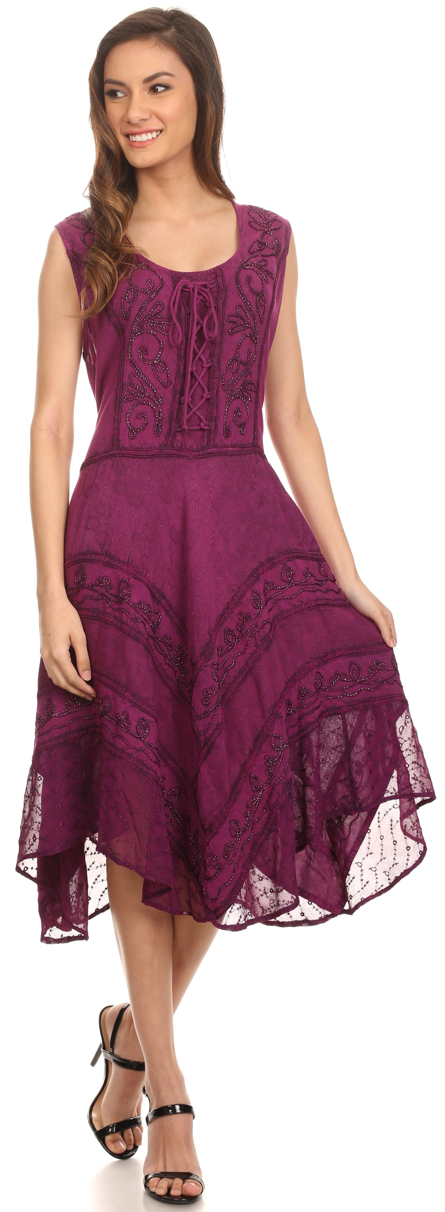 Sakkas Sundara Stonewashed Rayon Embroidered Mid Length Dress - Concordia Style Boutique