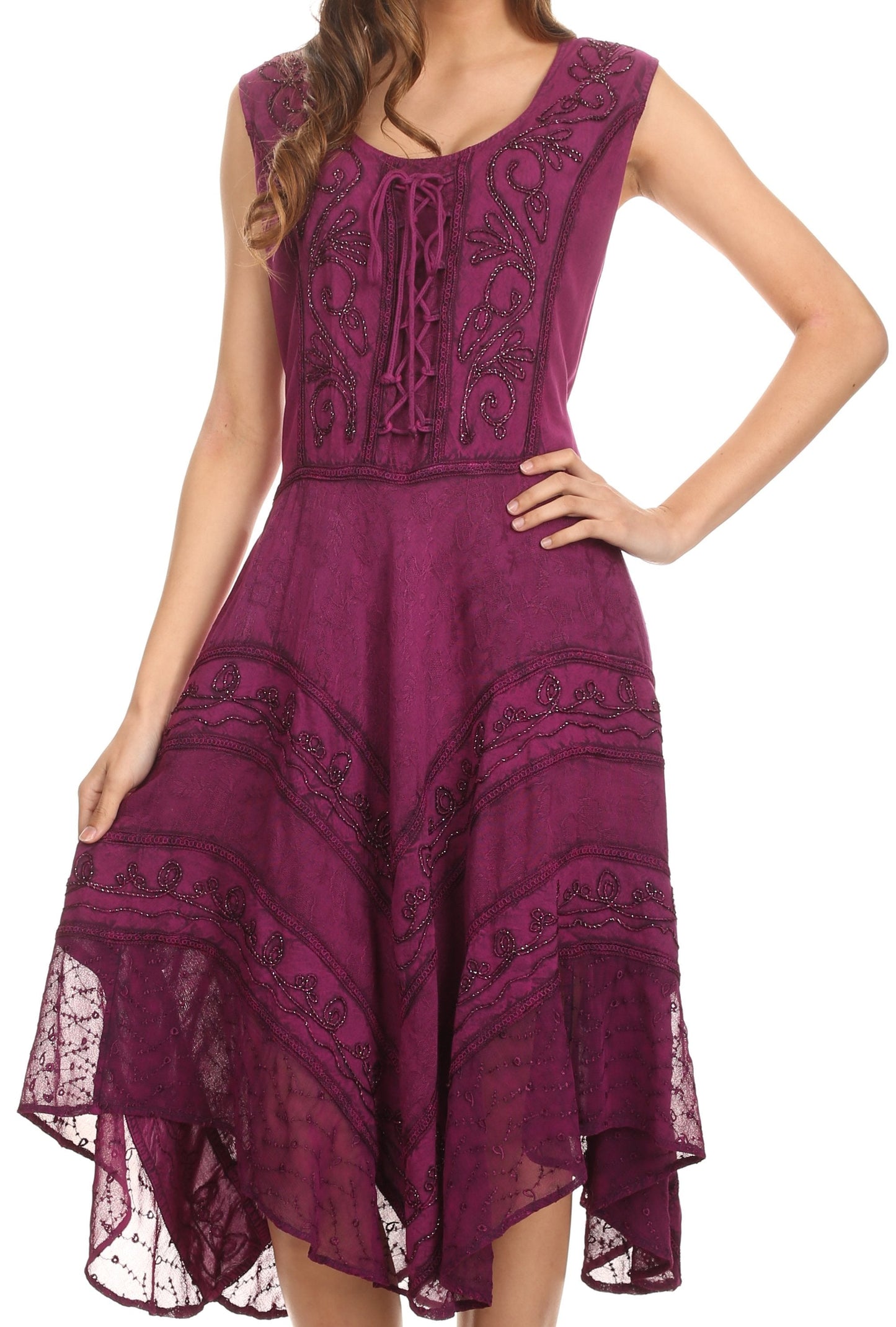 Sakkas Sundara Stonewashed Rayon Embroidered Mid Length Dress - Concordia Style Boutique