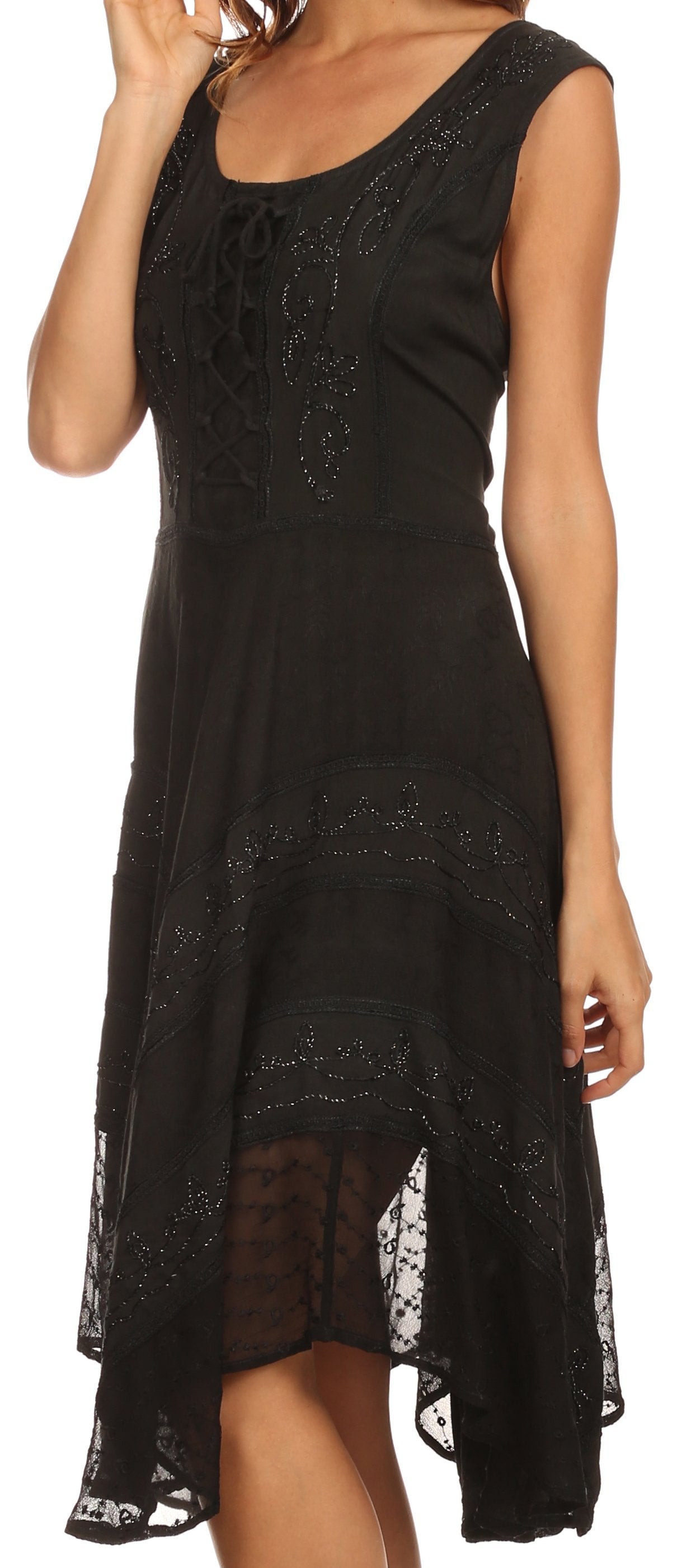 Sakkas Sundara Stonewashed Rayon Embroidered Mid Length Dress - Concordia Style Boutique