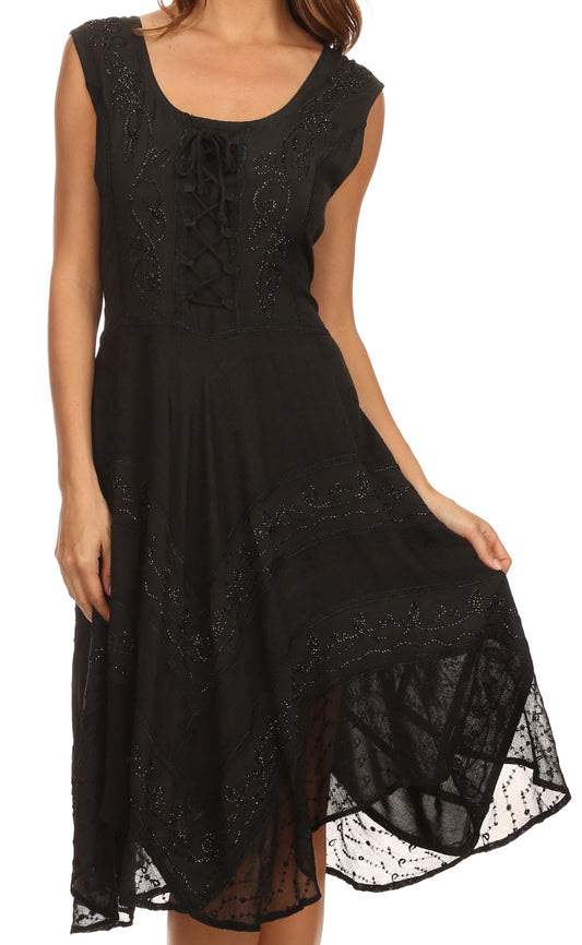 Sakkas Sundara Stonewashed Rayon Embroidered Mid Length Dress - Concordia Style Boutique