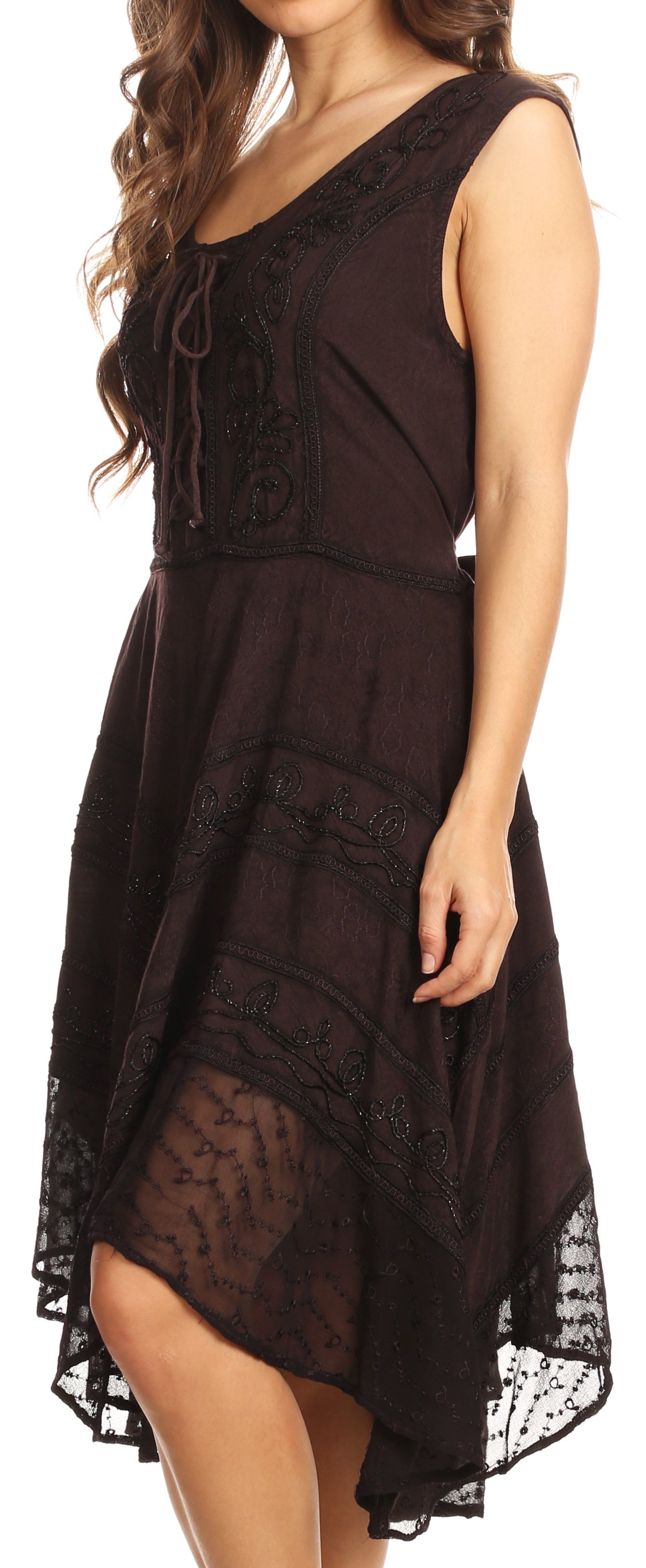 Sakkas Sundara Stonewashed Rayon Embroidered Mid Length Dress - Concordia Style Boutique
