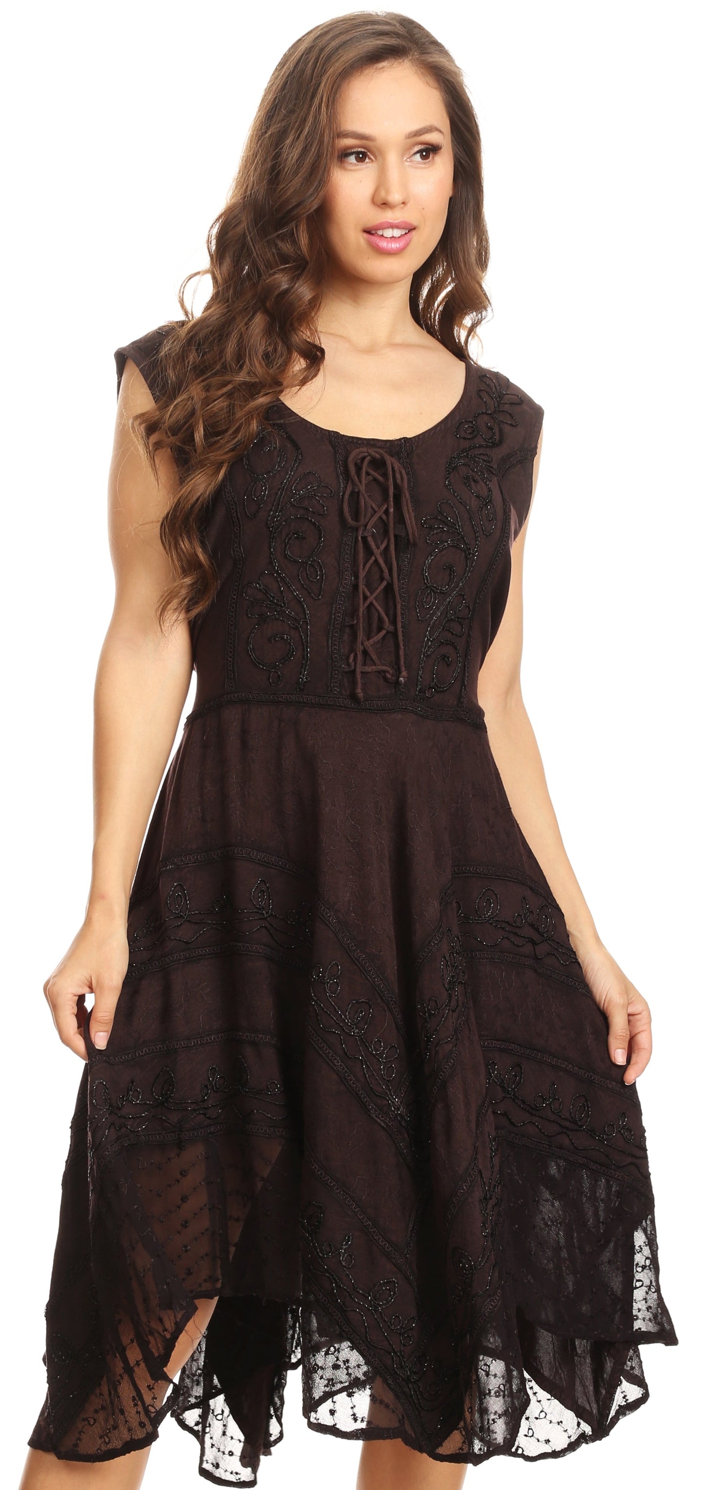 Sakkas Sundara Stonewashed Rayon Embroidered Mid Length Dress - Concordia Style Boutique