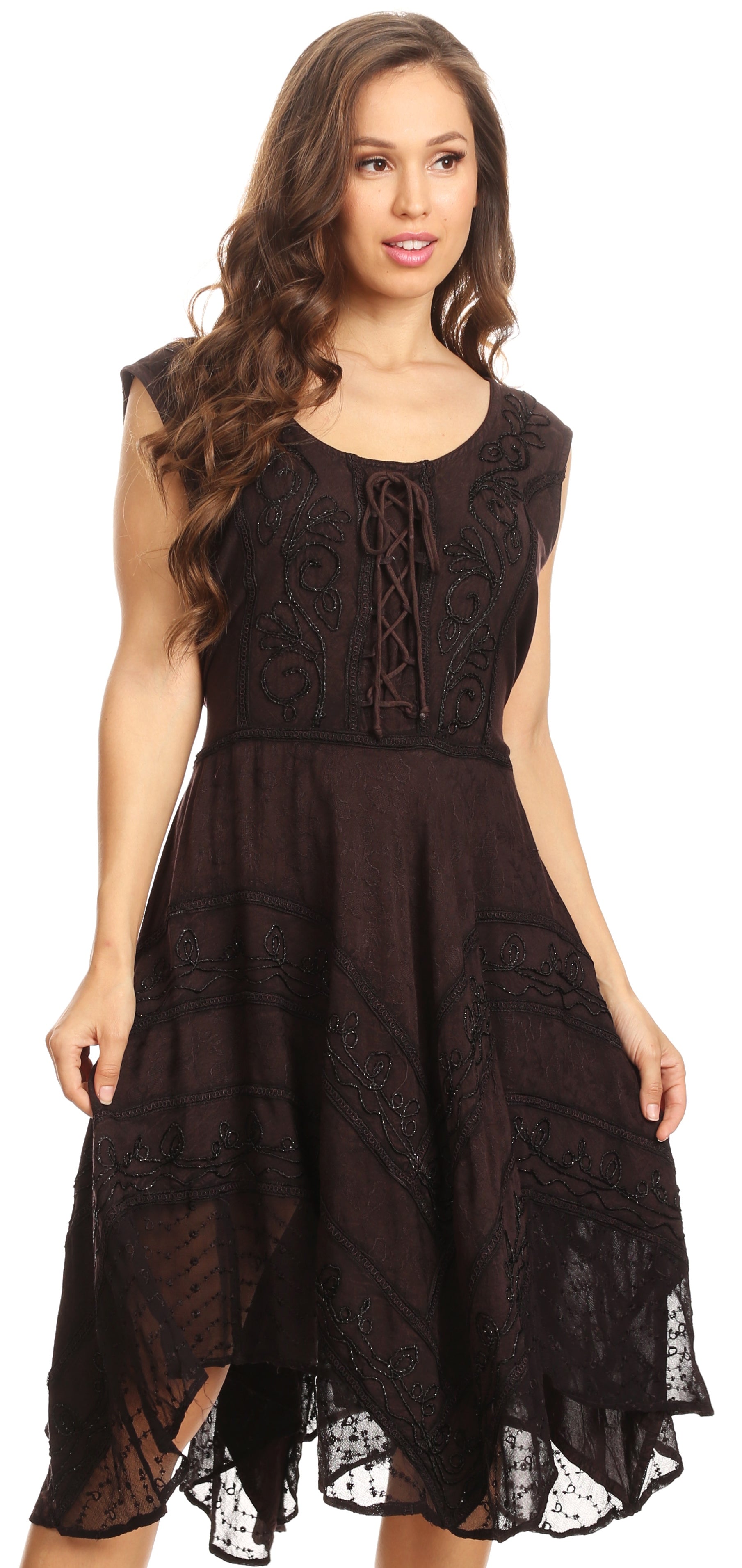 Sakkas Sundara Stonewashed Rayon Embroidered Mid Length Dress - Concordia Style Boutique