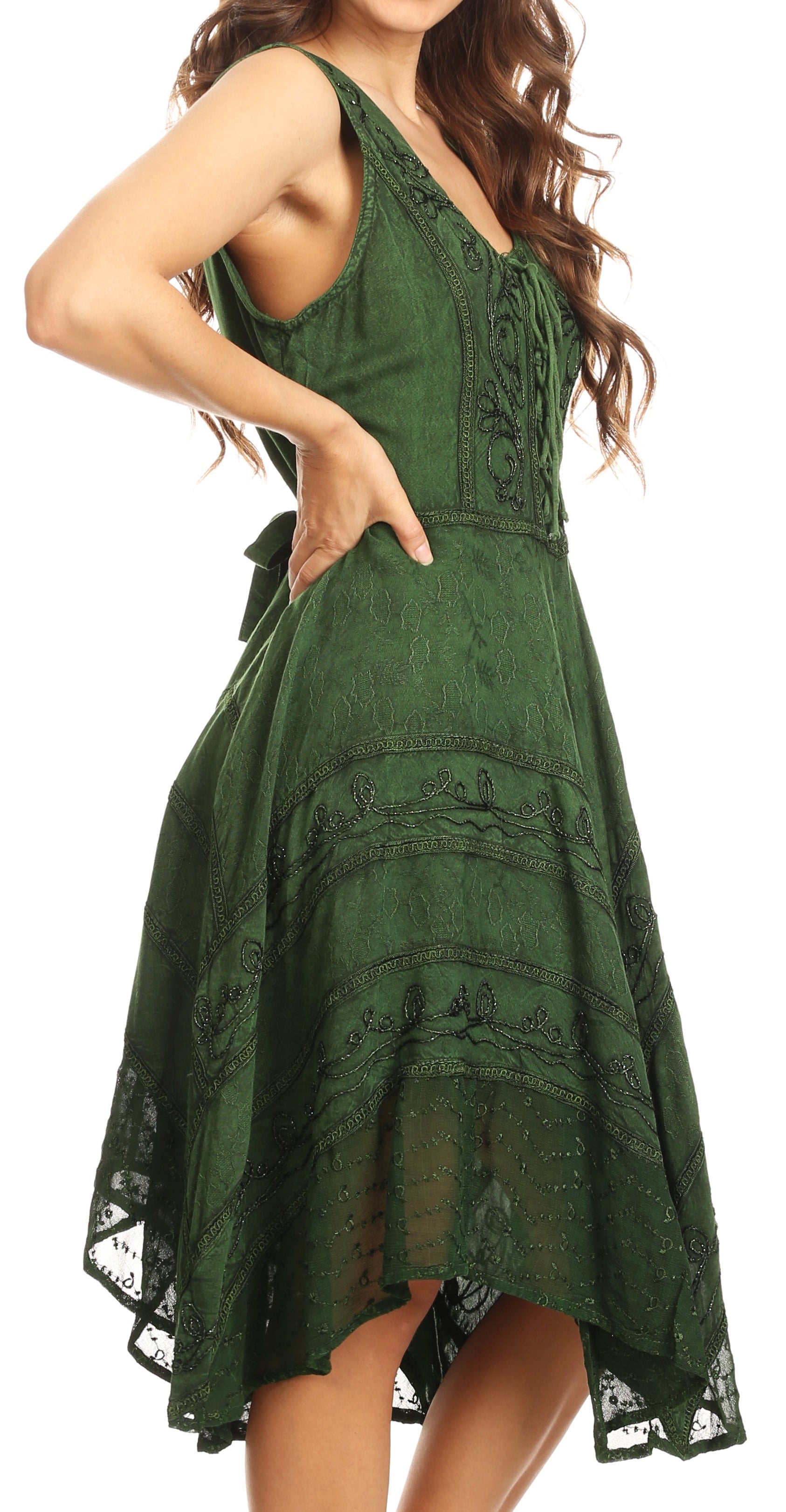 Sakkas Sundara Stonewashed Rayon Embroidered Mid Length Dress - Concordia Style Boutique