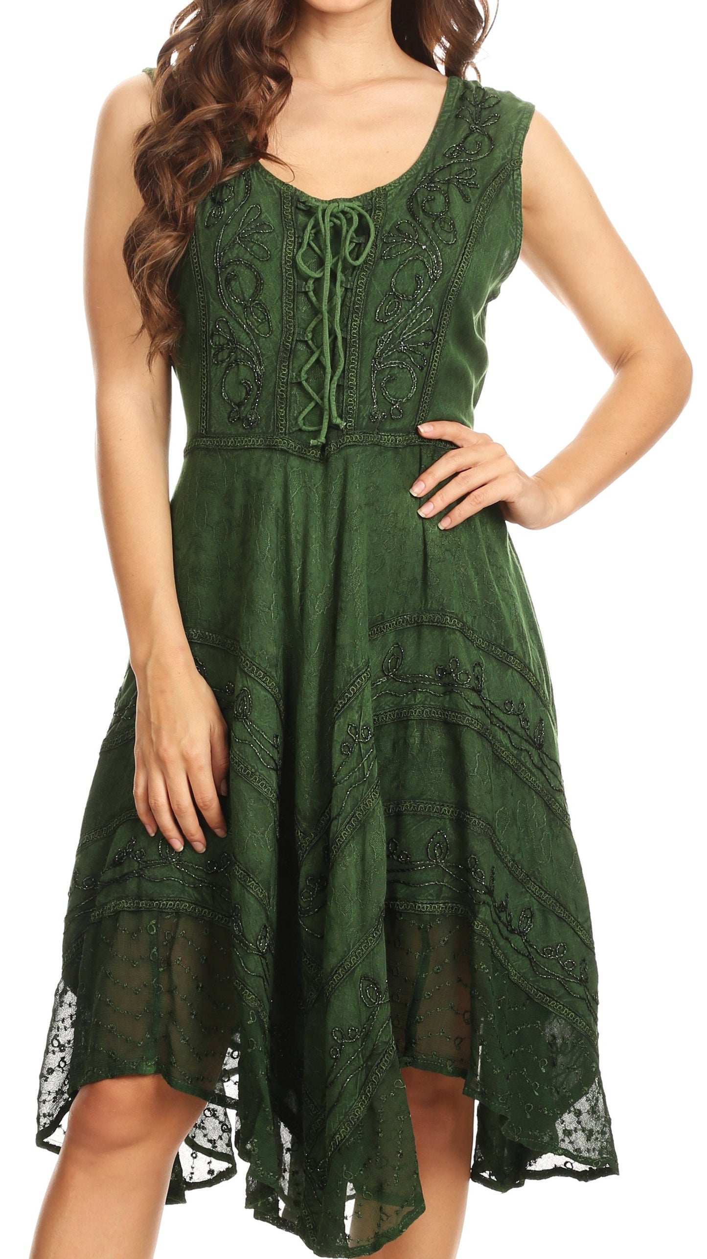 Sakkas Sundara Stonewashed Rayon Embroidered Mid Length Dress - Concordia Style Boutique