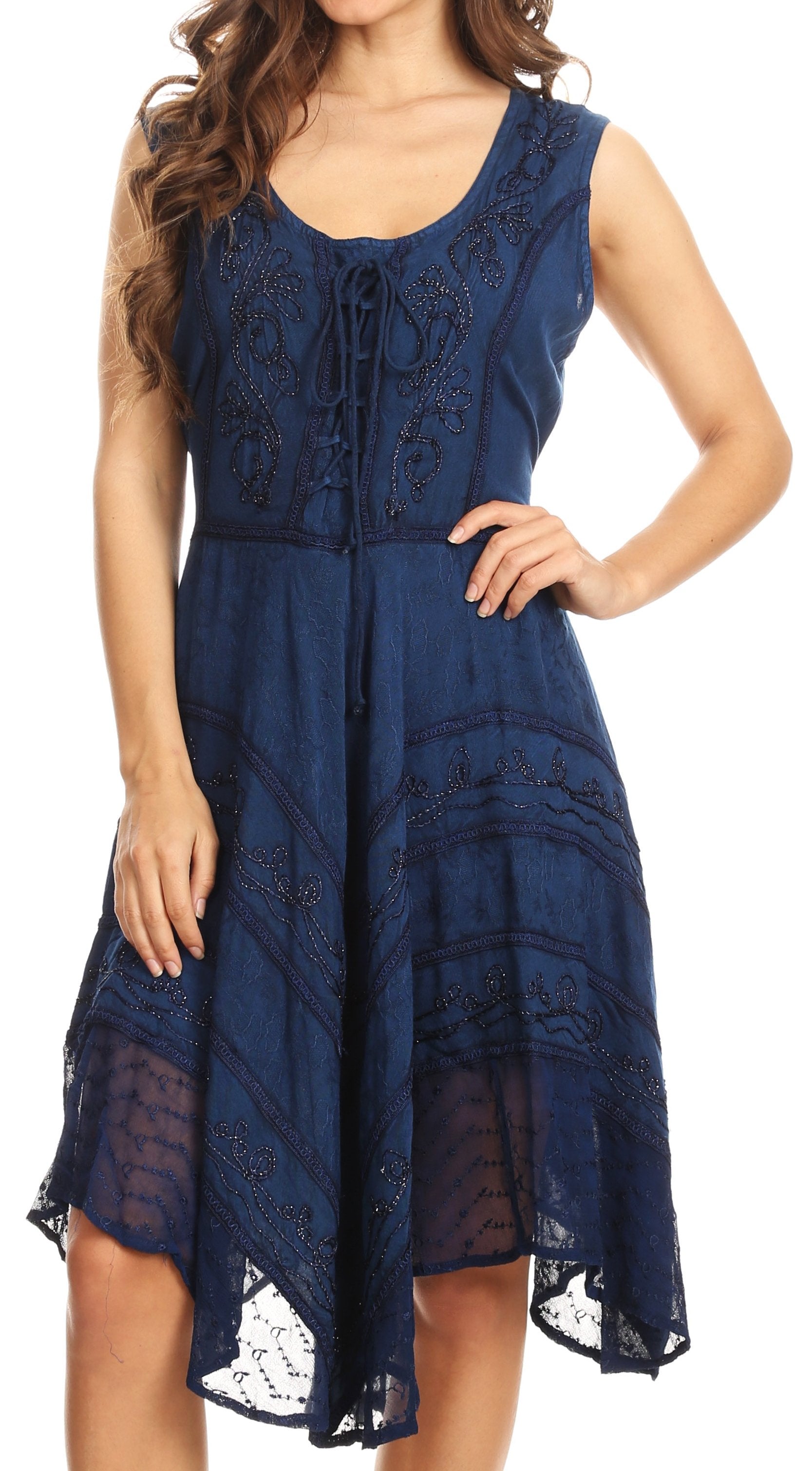 Sakkas Sundara Stonewashed Rayon Embroidered Mid Length Dress - Concordia Style Boutique