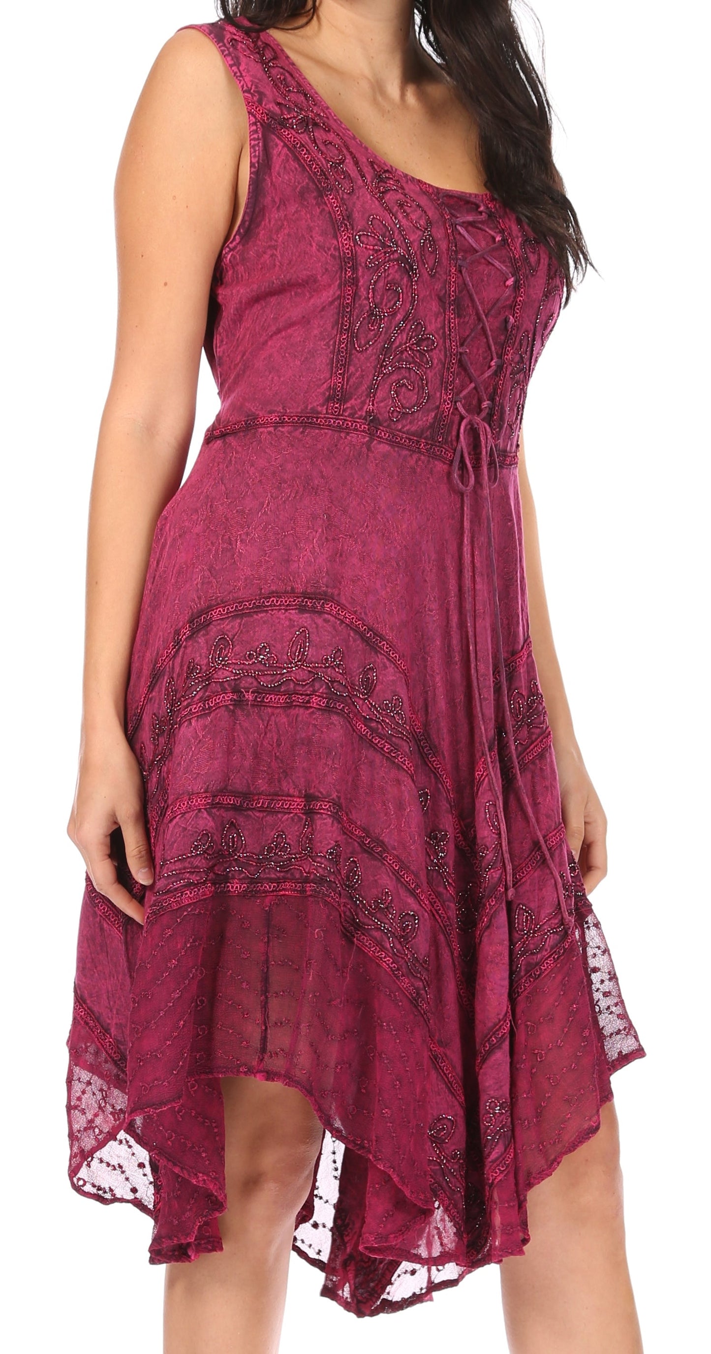 Sakkas Sundara Stonewashed Rayon Embroidered Mid Length Dress - Concordia Style Boutique