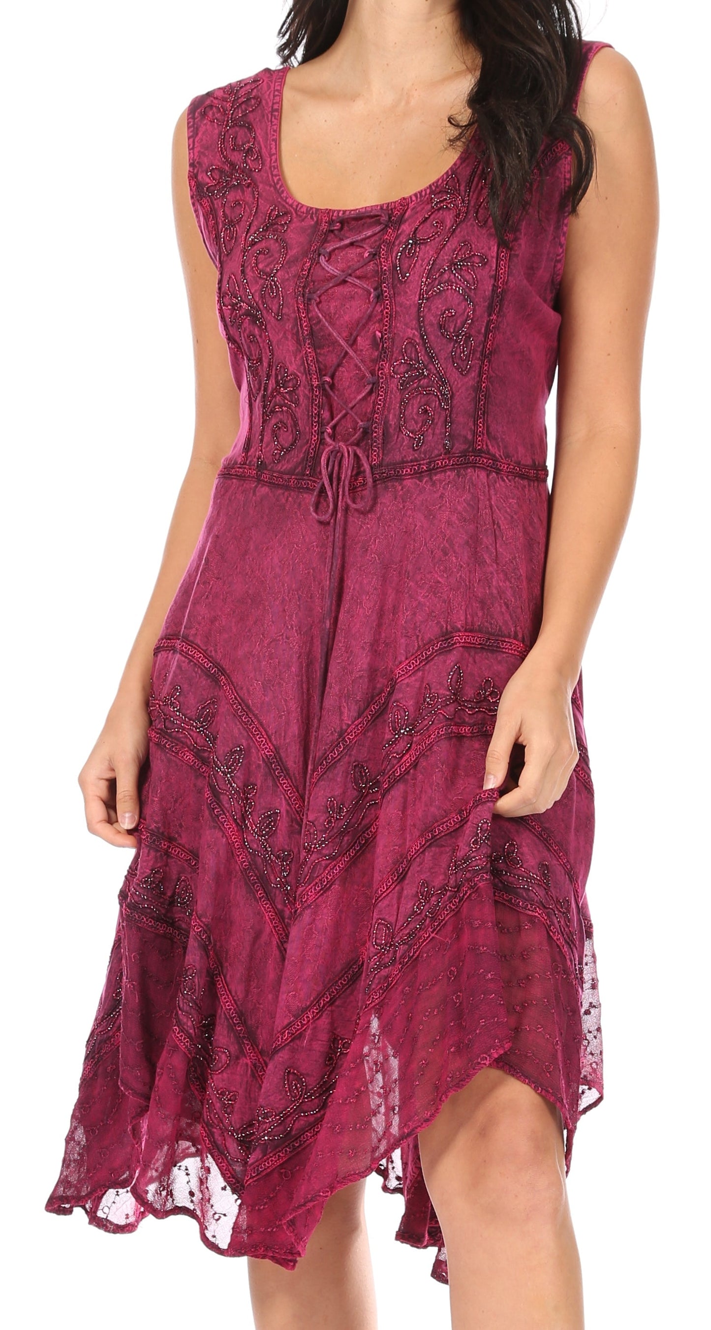 Sakkas Sundara Stonewashed Rayon Embroidered Mid Length Dress - Concordia Style Boutique
