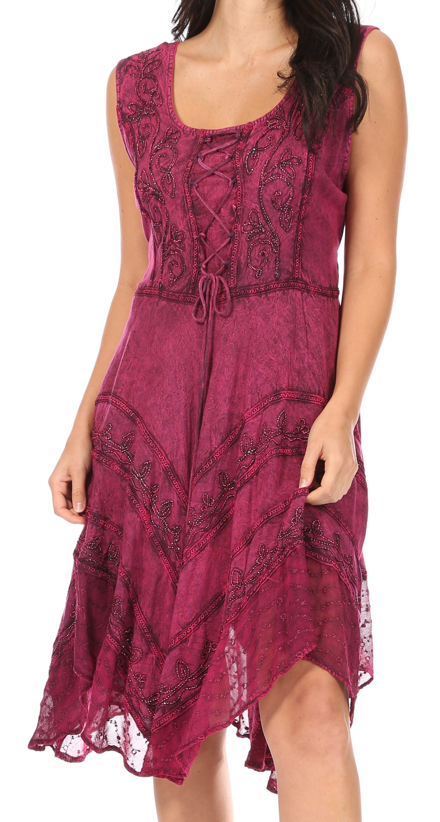 Sakkas Sundara Stonewashed Rayon Embroidered Mid Length Dress - Concordia Style Boutique