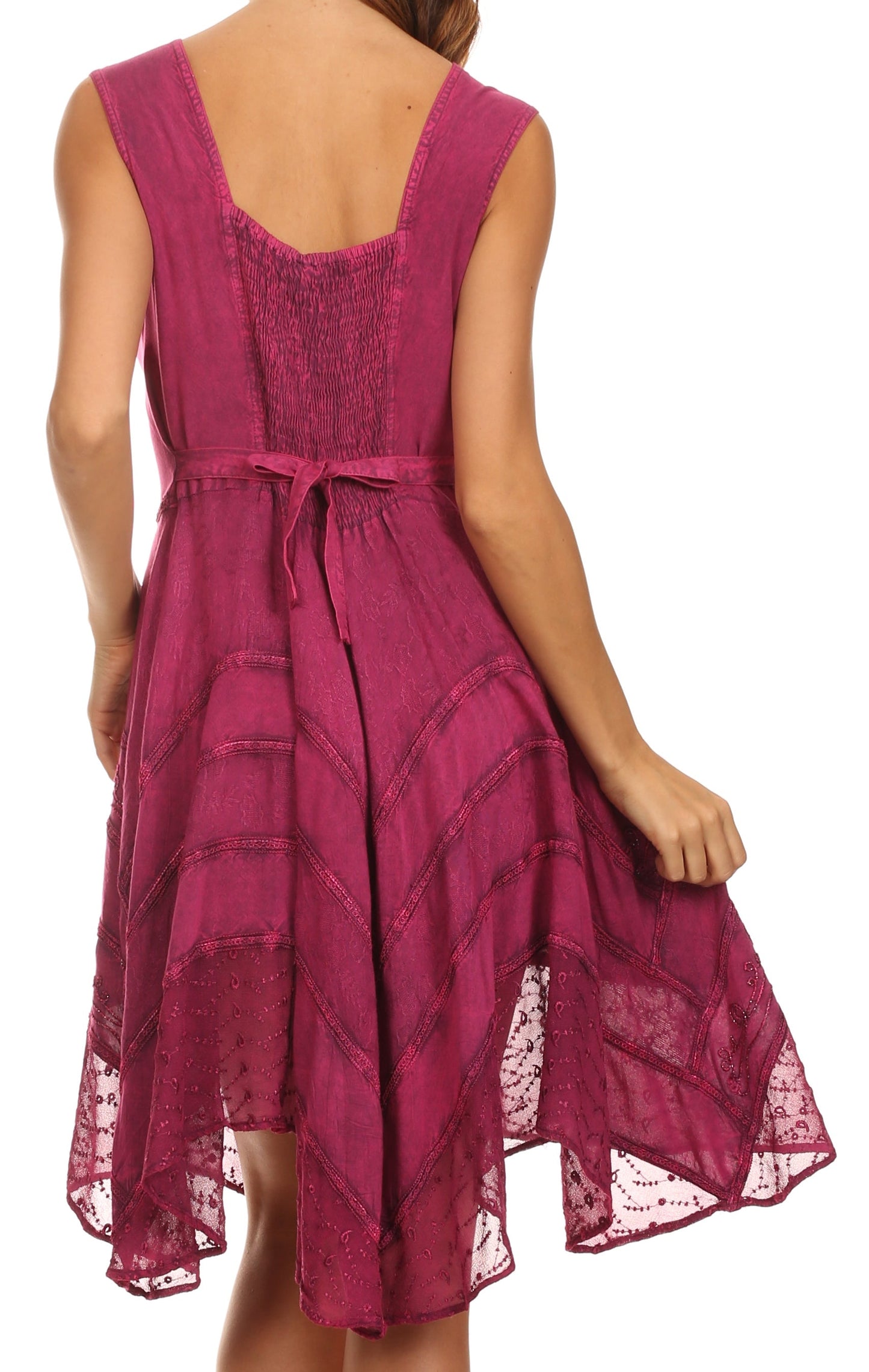 Sakkas Sundara Stonewashed Rayon Embroidered Mid Length Dress - Concordia Style Boutique
