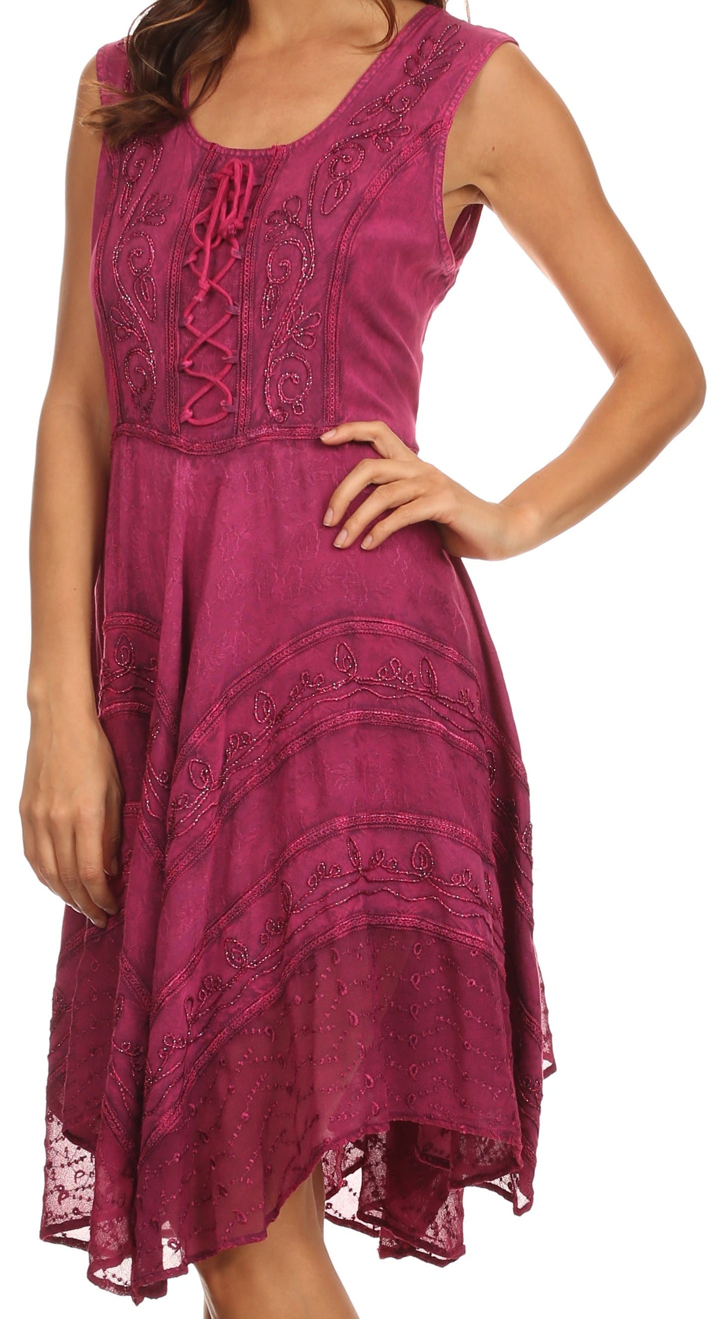 Sakkas Sundara Stonewashed Rayon Embroidered Mid Length Dress - Concordia Style Boutique