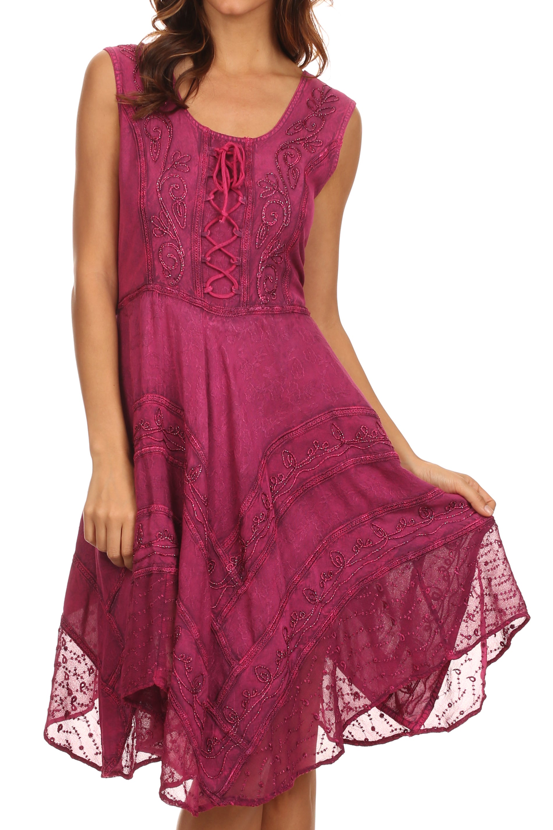 Sakkas Sundara Stonewashed Rayon Embroidered Mid Length Dress - Concordia Style Boutique