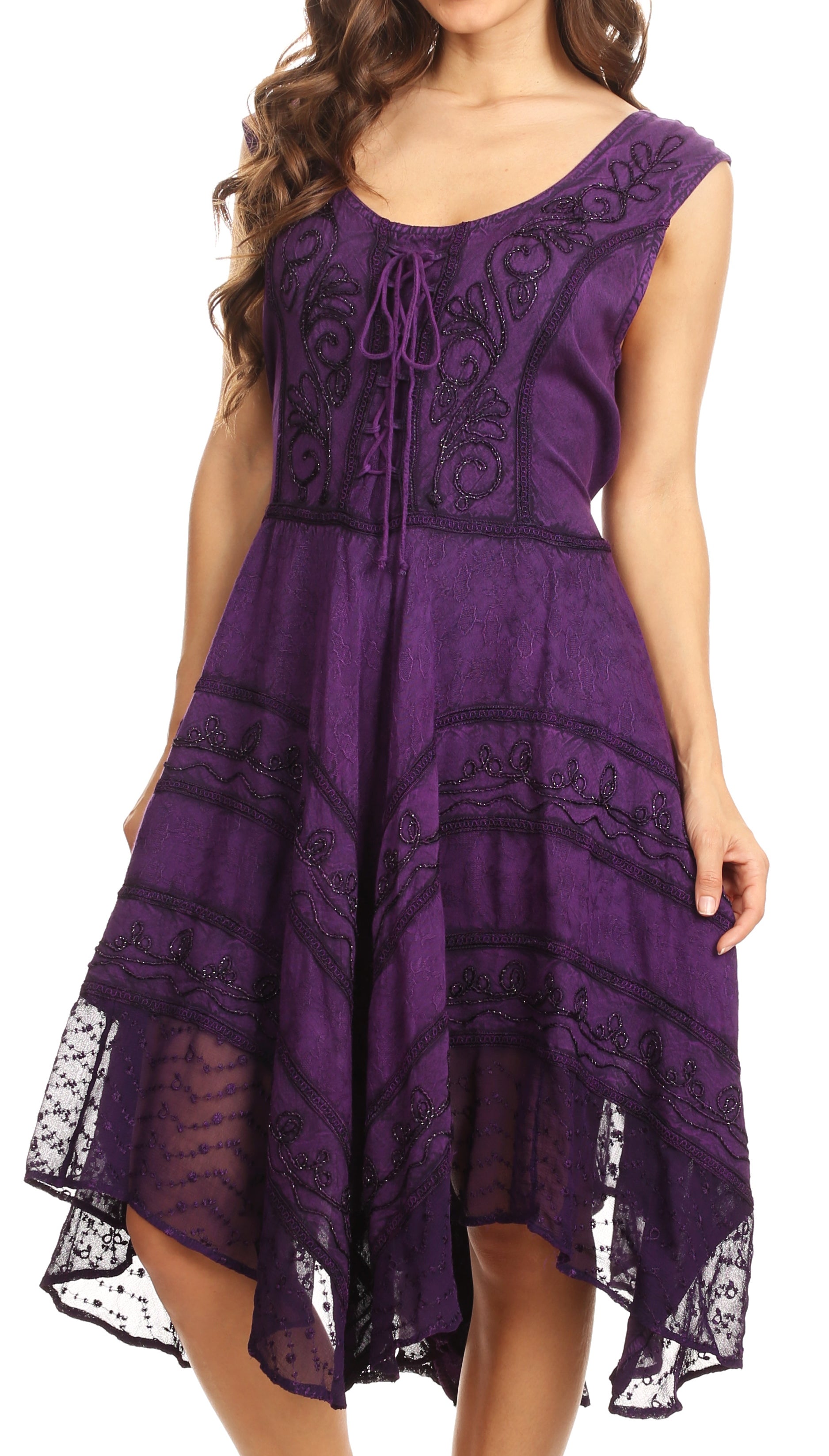 Sakkas Sundara Stonewashed Rayon Embroidered Mid Length Dress - Concordia Style Boutique