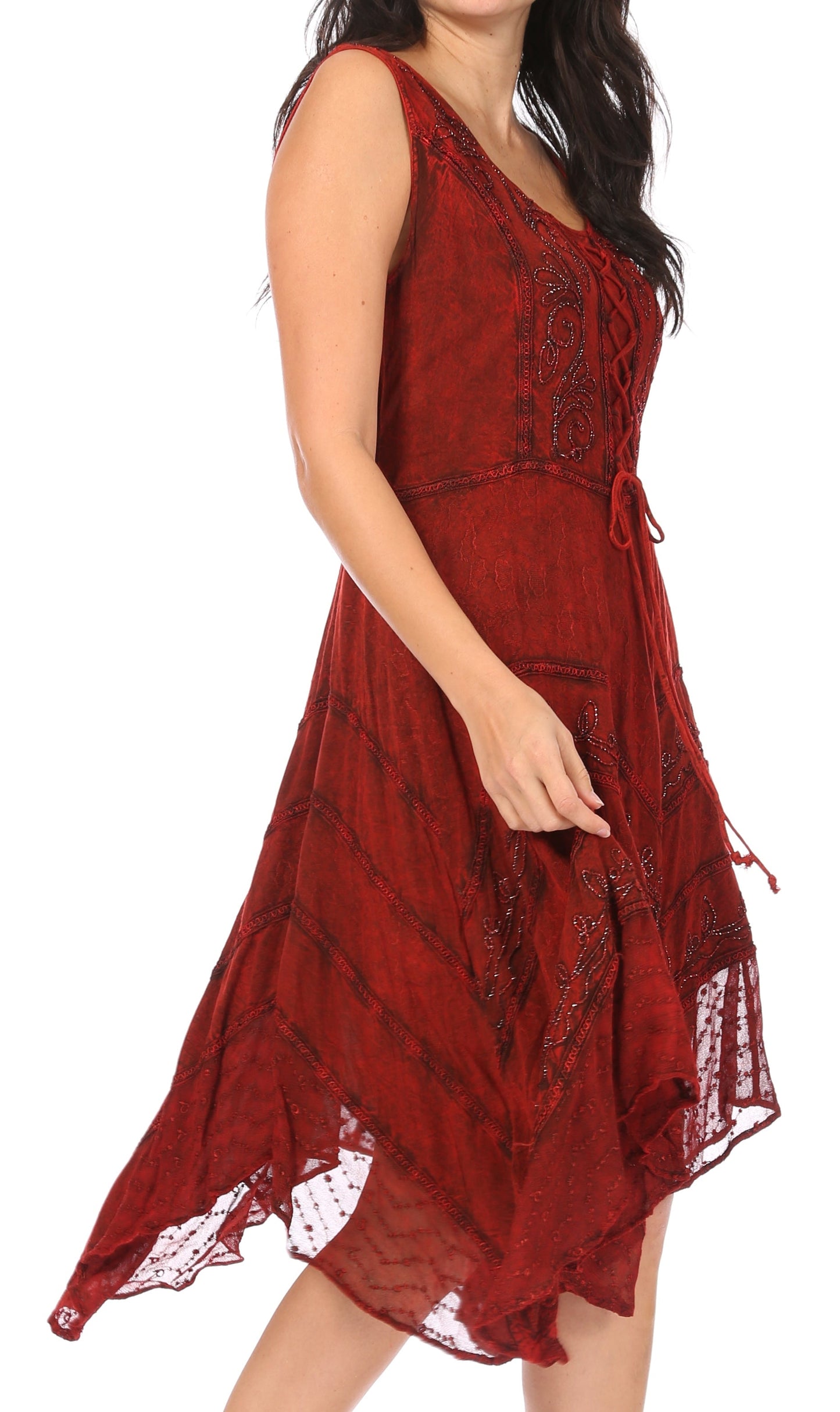 Sakkas Sundara Stonewashed Rayon Embroidered Mid Length Dress - Concordia Style Boutique