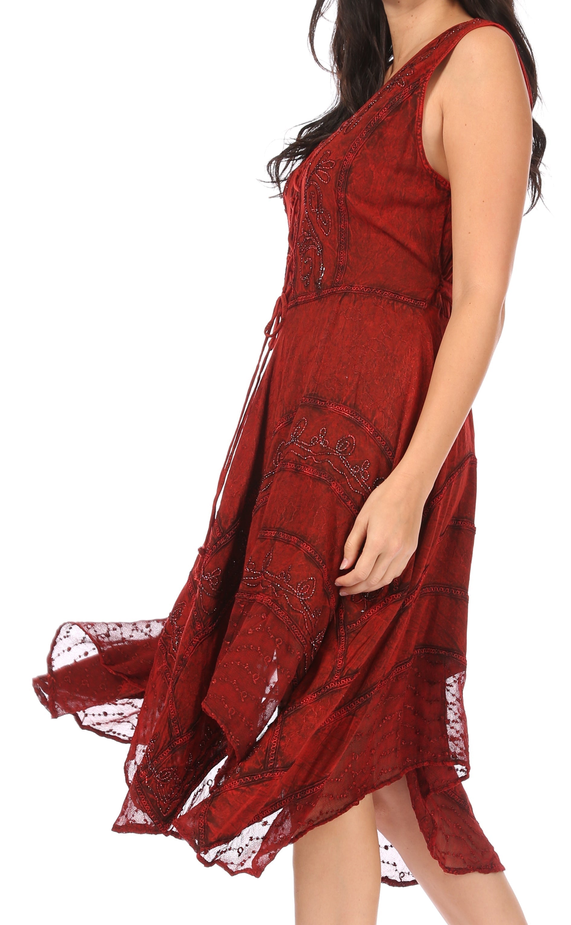 Sakkas Sundara Stonewashed Rayon Embroidered Mid Length Dress - Concordia Style Boutique
