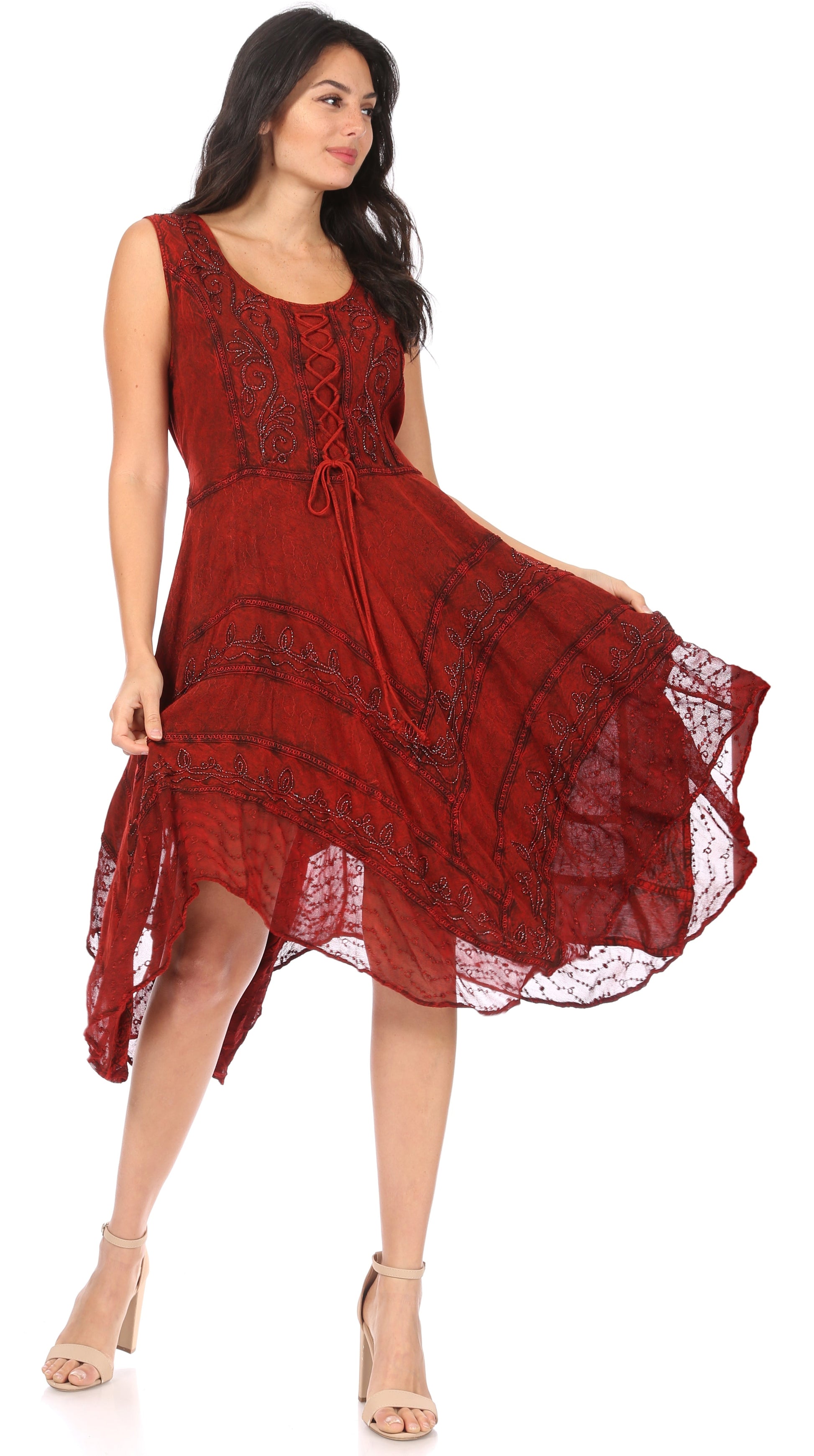 Sakkas Sundara Stonewashed Rayon Embroidered Mid Length Dress - Concordia Style Boutique