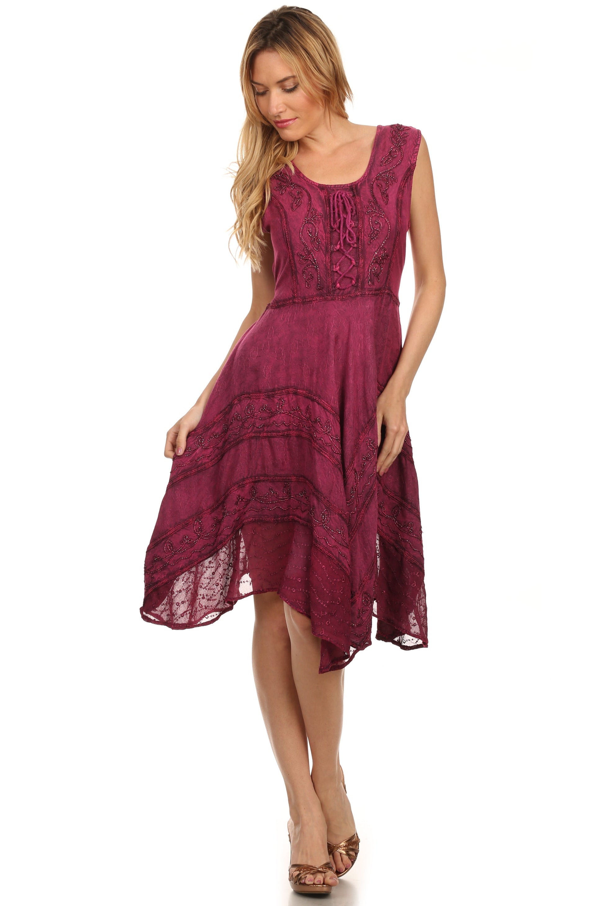 Sakkas Sundara Stonewashed Rayon Embroidered Mid Length Dress - Concordia Style Boutique