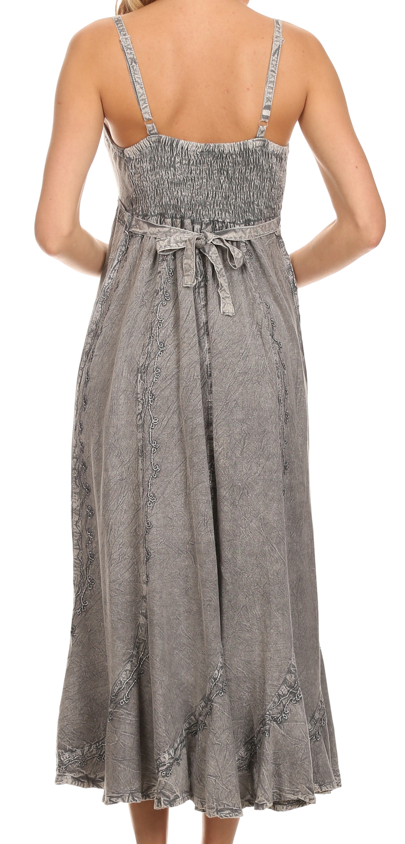 Sakkas Allie Stonewashed Embroidered Adjustable Spaghetti Straps Long Dress - Concordia Style Boutique