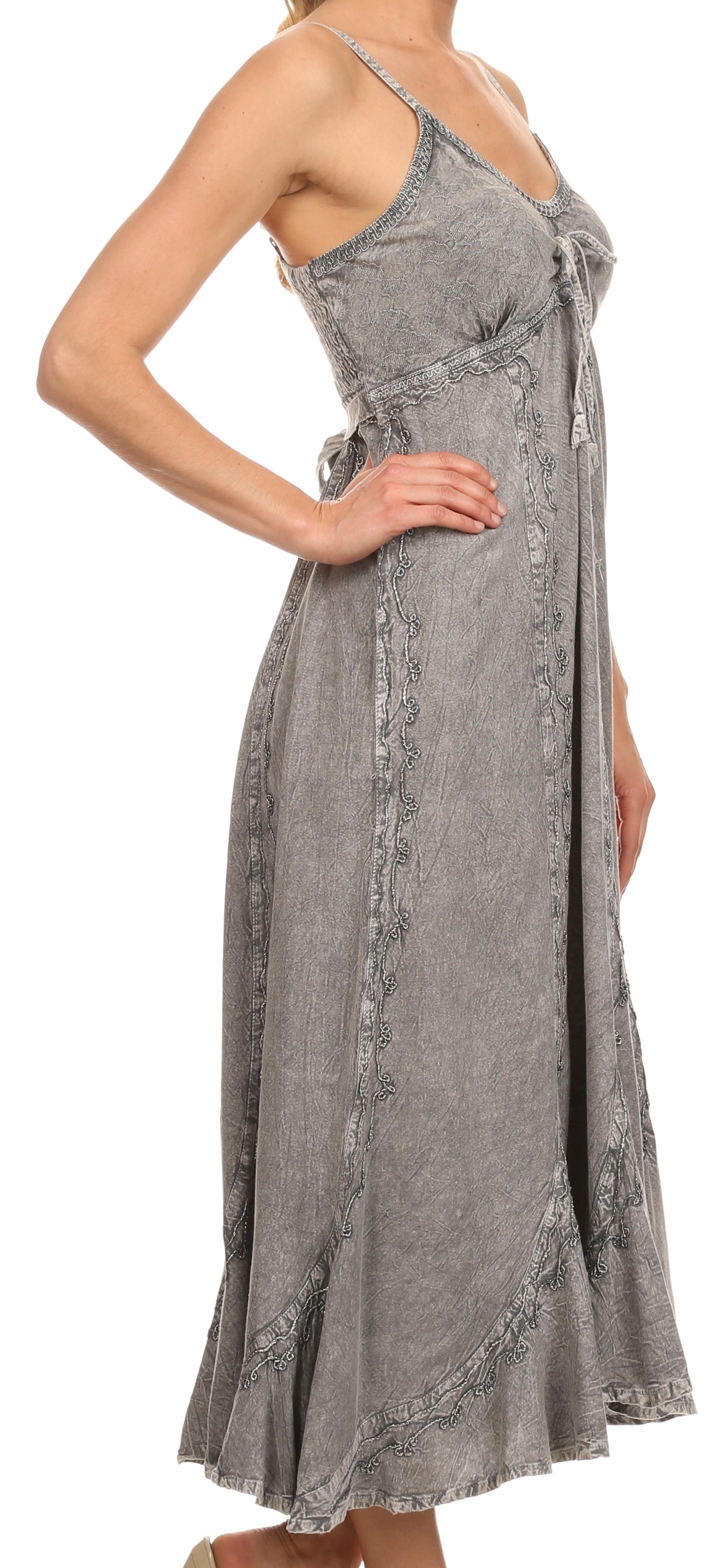Sakkas Allie Stonewashed Embroidered Adjustable Spaghetti Straps Long Dress - Concordia Style Boutique