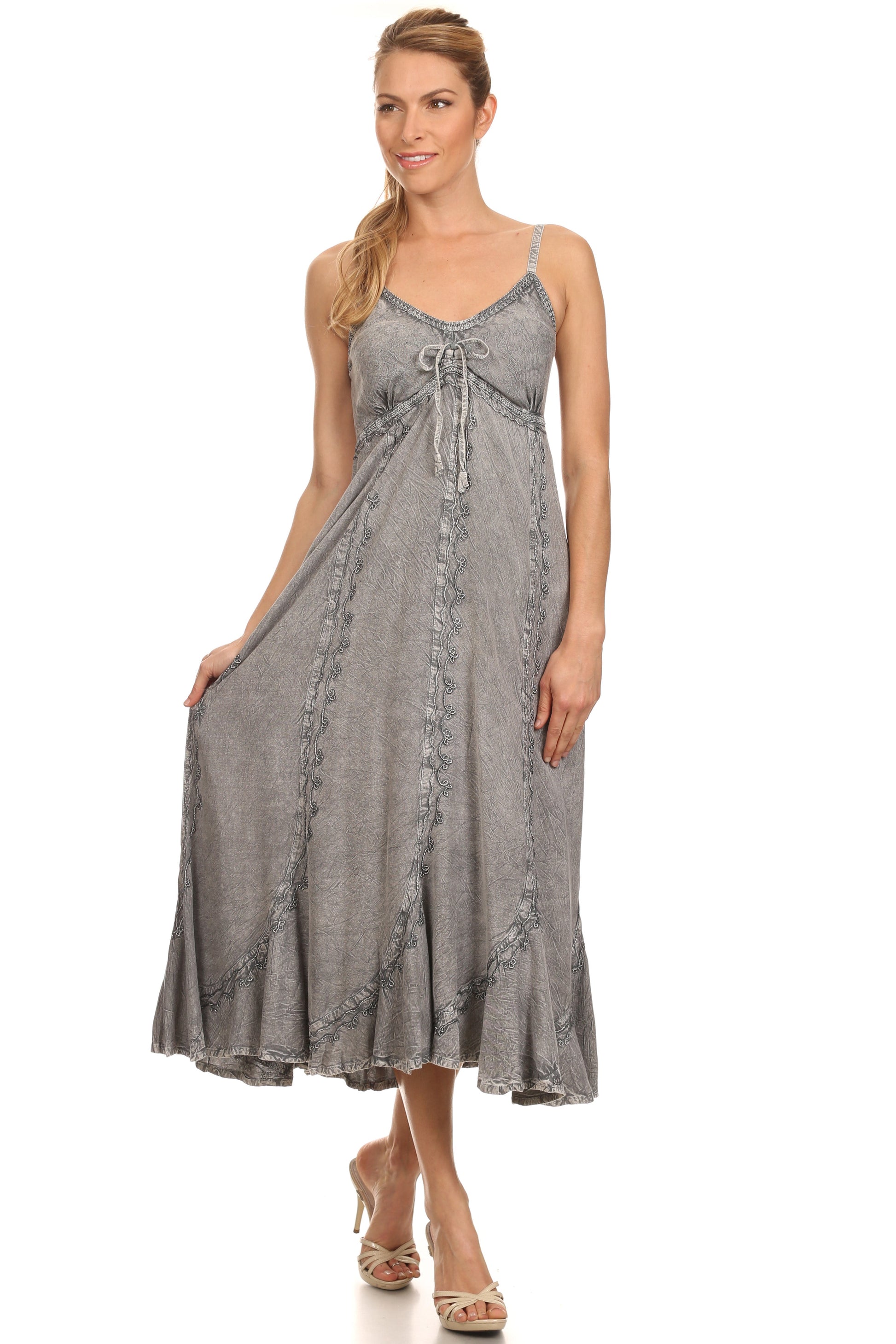 Sakkas Allie Stonewashed Embroidered Adjustable Spaghetti Straps Long Dress - Concordia Style Boutique