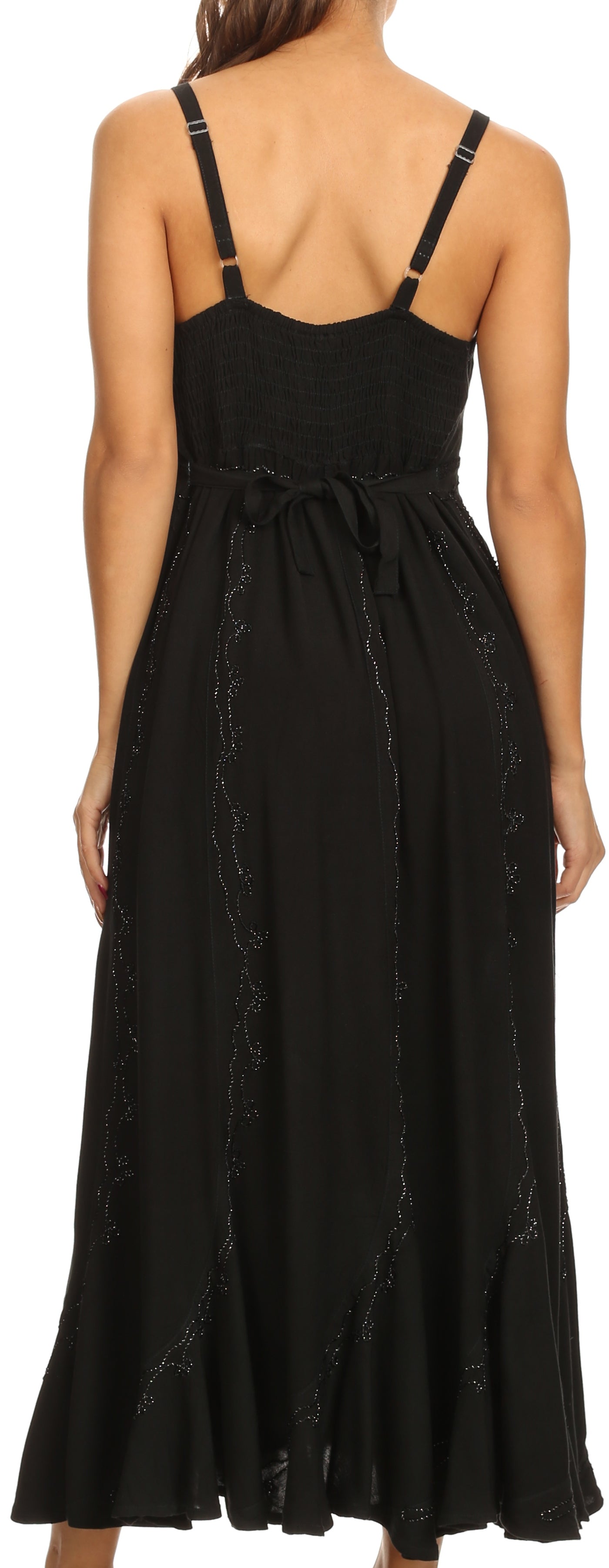 Sakkas Allie Stonewashed Embroidered Adjustable Spaghetti Straps Long Dress - Concordia Style Boutique