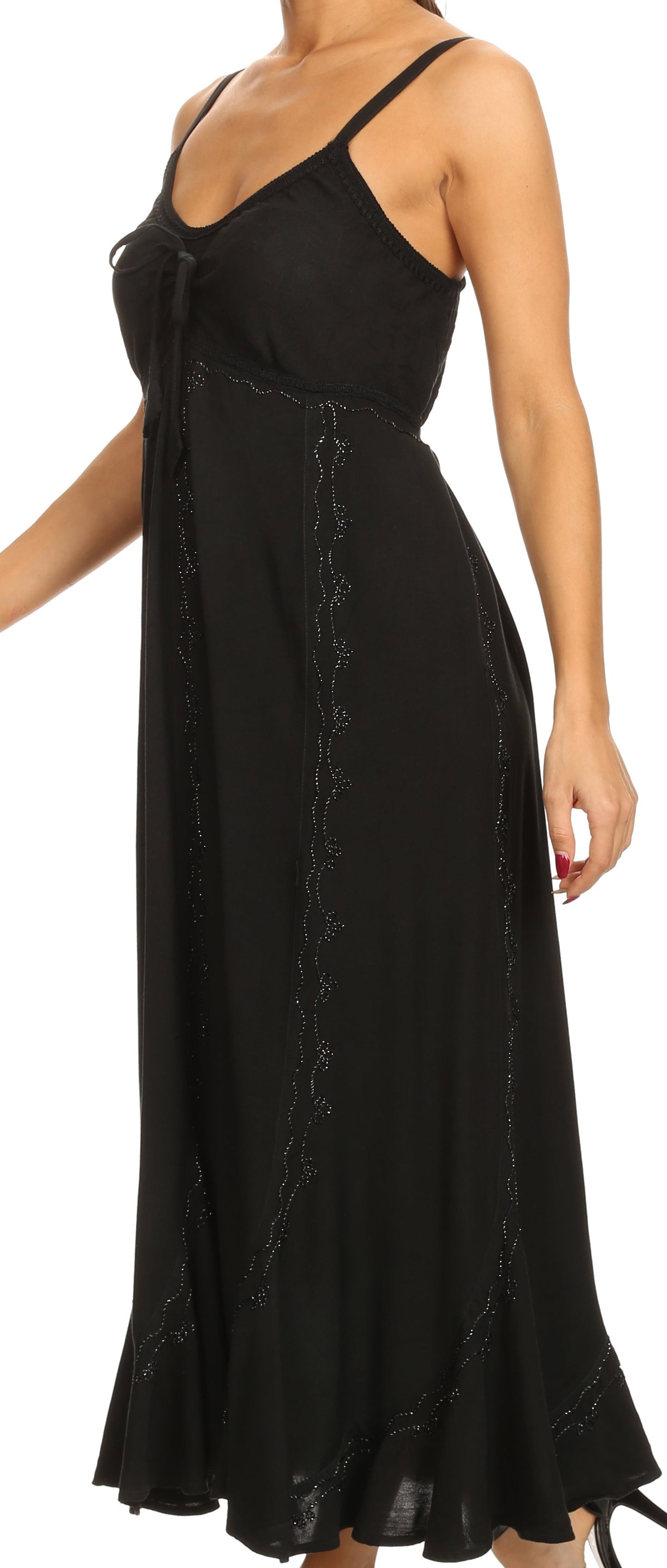 Sakkas Allie Stonewashed Embroidered Adjustable Spaghetti Straps Long Dress - Concordia Style Boutique