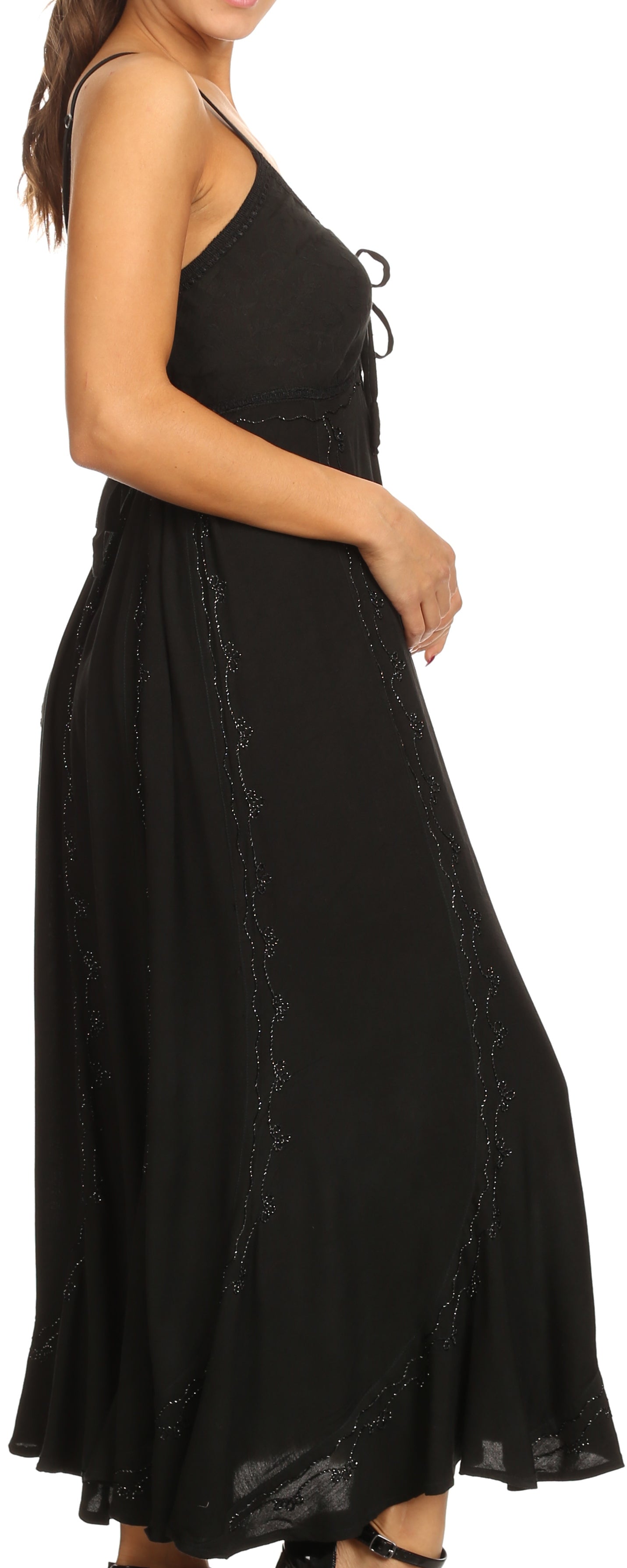 Sakkas Allie Stonewashed Embroidered Adjustable Spaghetti Straps Long Dress - Concordia Style Boutique